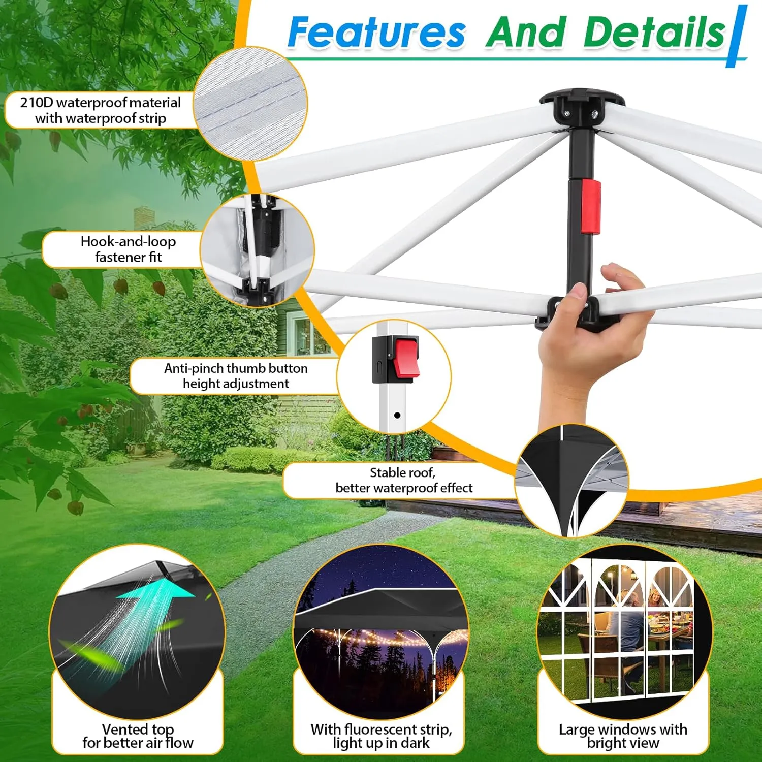 COBIZI 10x20 Pop up Canopy Tent with 4 Sidewalls Outdoor Canopy Tent for Party with Push Center Lock & Air Vent, 2000mm Waterproof Gazebo Canopy UPF 50 with 4 Sandbags,12 Stakes & 6 Ropes,Black