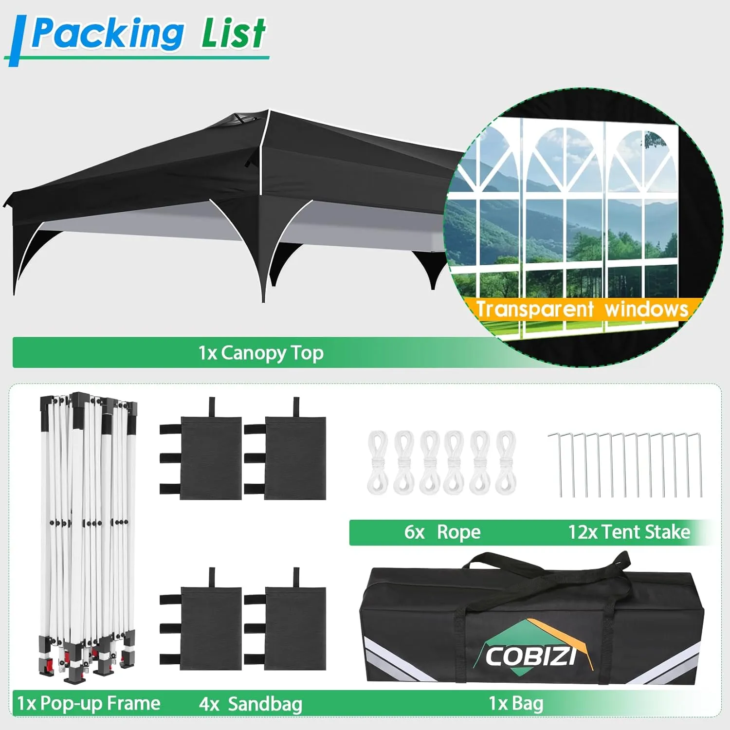COBIZI 10x20 Pop up Canopy Tent with 4 Sidewalls Outdoor Canopy Tent for Party with Push Center Lock & Air Vent, 2000mm Waterproof Gazebo Canopy UPF 50 with 4 Sandbags,12 Stakes & 6 Ropes,Black