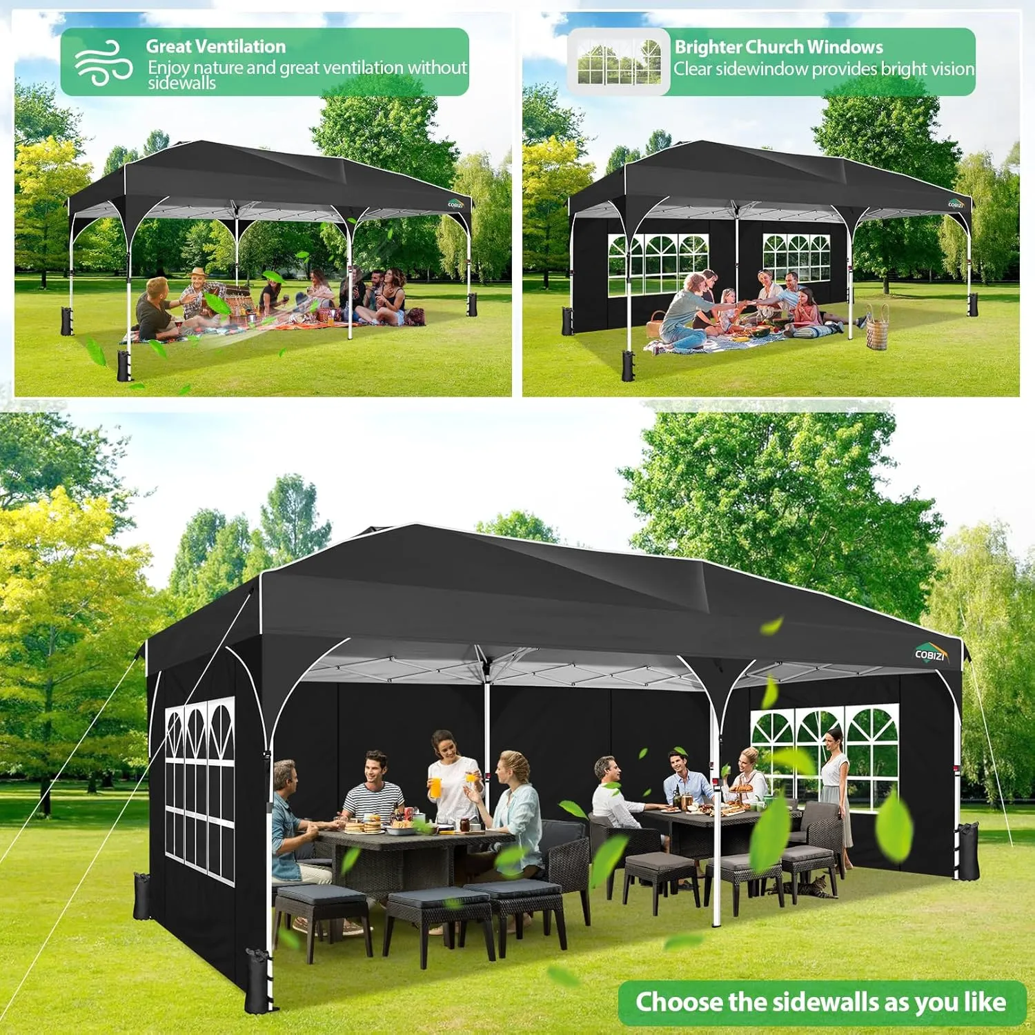 COBIZI 10x20 Pop up Canopy Tent with 4 Sidewalls Outdoor Canopy Tent for Party with Push Center Lock & Air Vent, 2000mm Waterproof Gazebo Canopy UPF 50 with 4 Sandbags,12 Stakes & 6 Ropes,Black