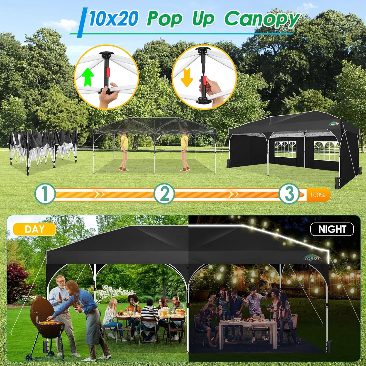 COBIZI 10x20 Pop up Canopy Tent with 4 Sidewalls Outdoor Canopy Tent for Party with Push Center Lock & Air Vent, 2000mm Waterproof Gazebo Canopy UPF 50 with 4 Sandbags,12 Stakes & 6 Ropes,Black