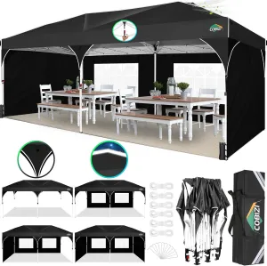 COBIZI 10x20 Pop up Canopy Tent with 4 Sidewalls Outdoor Canopy Tent for Party with Push Center Lock & Air Vent, 2000mm Waterproof Gazebo Canopy UPF 50 with 4 Sandbags,12 Stakes & 6 Ropes,Black