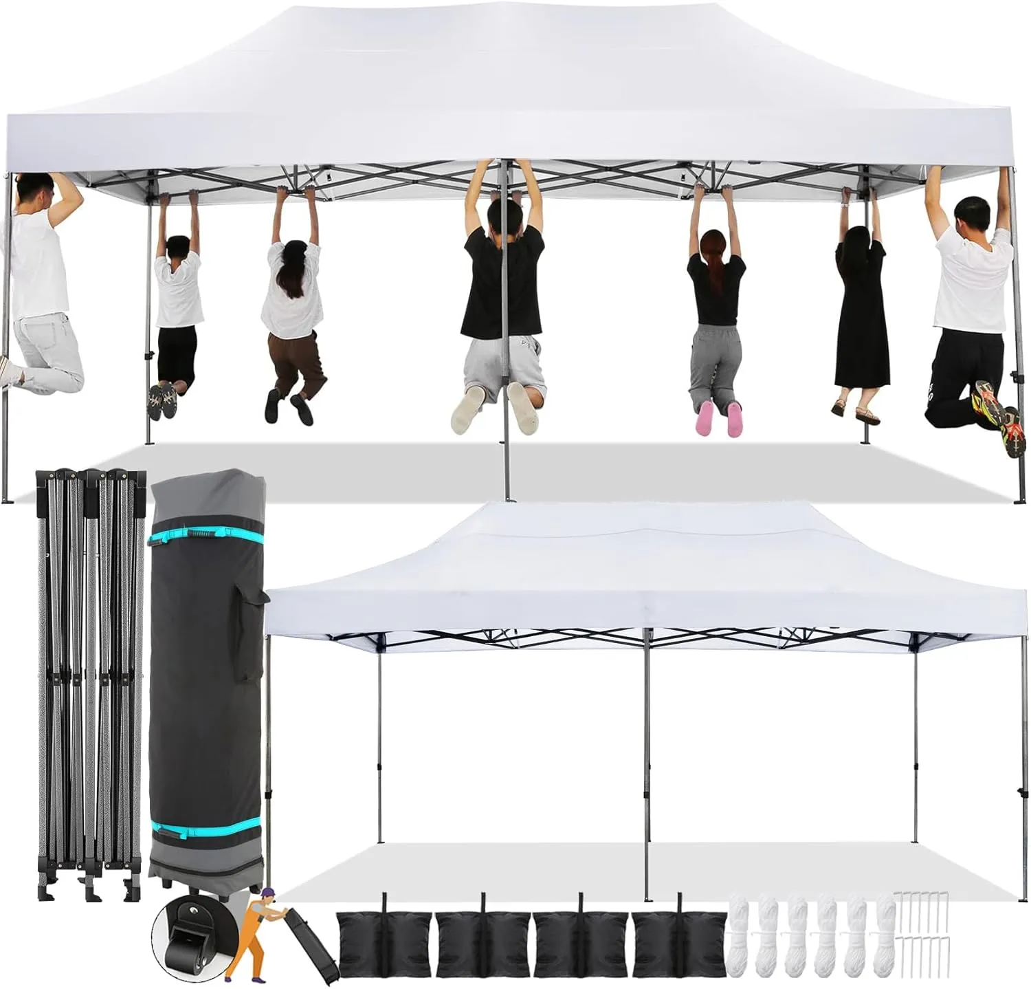 COBIZI 10x20 Pop Up Canopy Without Sidewall,Heavy Duty Canopy UPF 50  All Season Wind Waterproof Commercial Outdoor Wedding Party Tents for Parties Canopy Gazebo with Roller Bag(10 x 20 ft White)