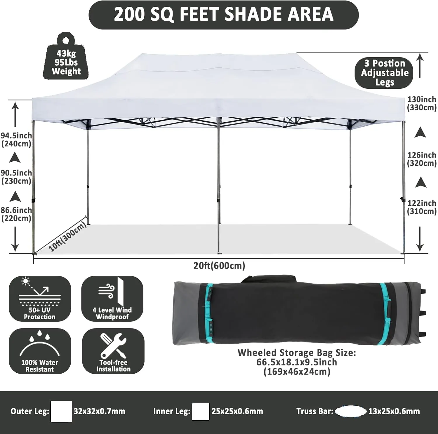 COBIZI 10x20 Pop Up Canopy Without Sidewall,Heavy Duty Canopy UPF 50  All Season Wind Waterproof Commercial Outdoor Wedding Party Tents for Parties Canopy Gazebo with Roller Bag(10 x 20 ft White)