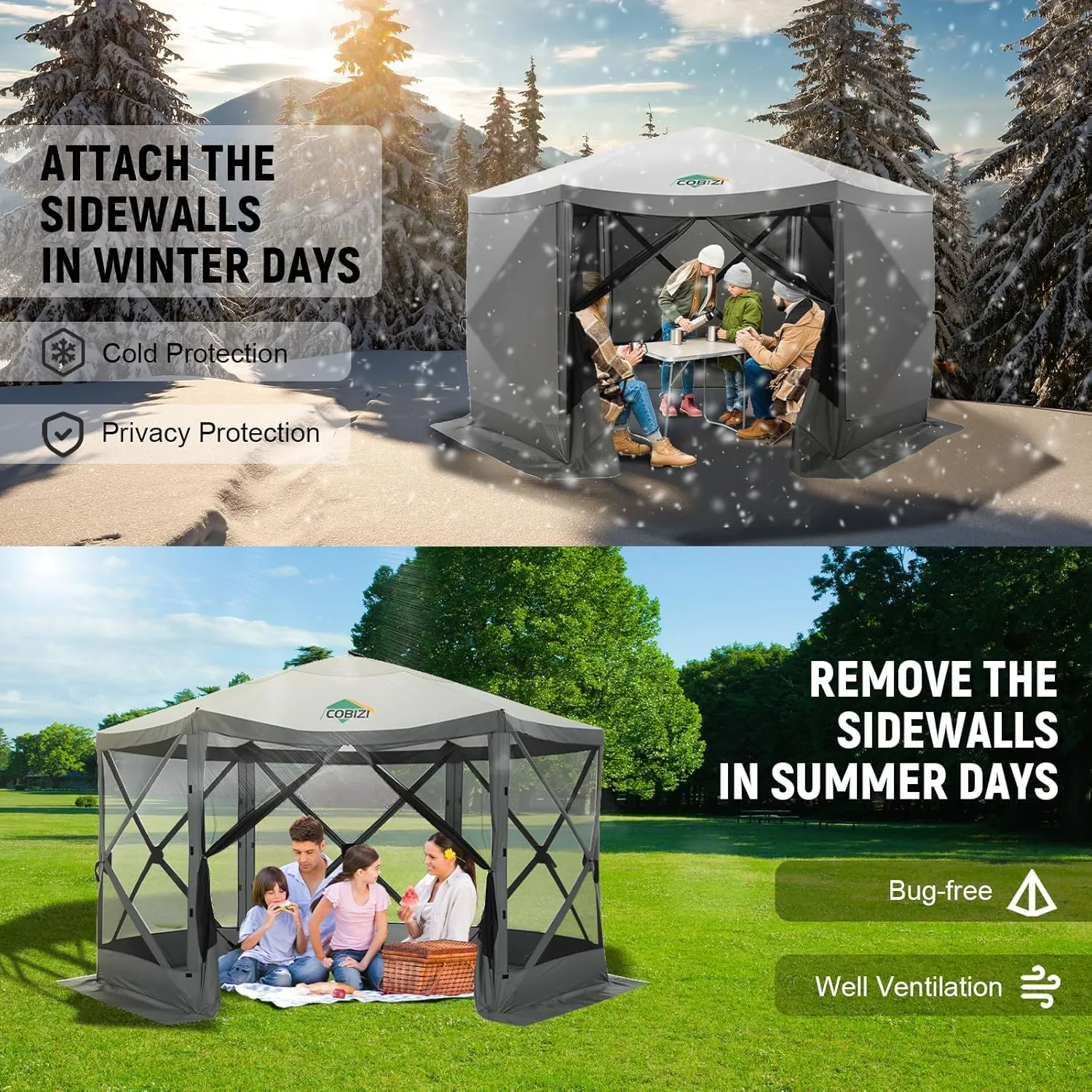 COBIZI 12x12ft Pop up Gazebo Screen Tent Screen House for Camping, Camping Outdoor Screened Gazebo with Sidewalls, Portable Hub Tent with Carrying Bag and Ground Stakes, Grey(Upgraded 2.0)