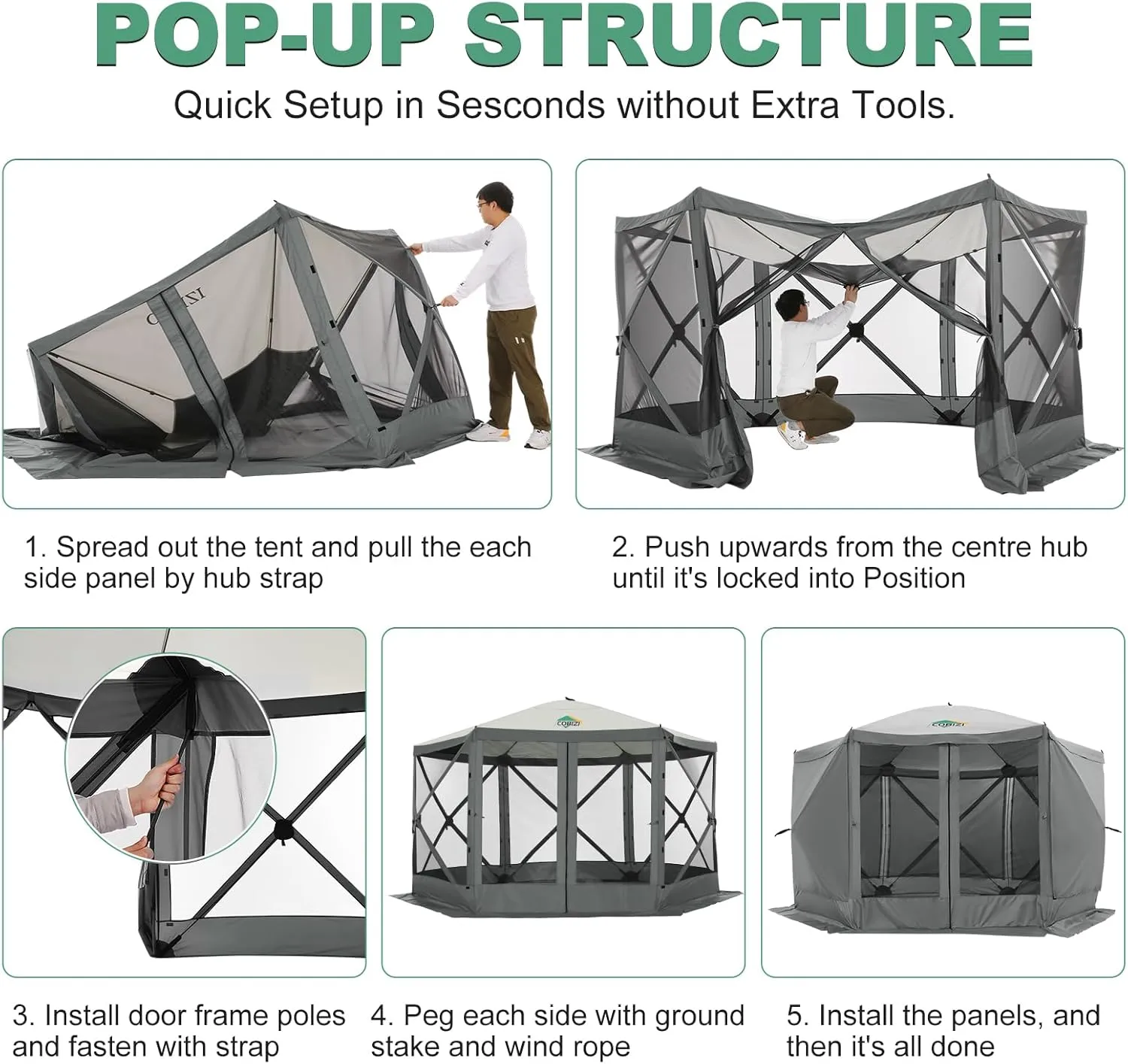 COBIZI 12x12ft Pop up Gazebo Screen Tent Screen House for Camping, Camping Outdoor Screened Gazebo with Sidewalls, Portable Hub Tent with Carrying Bag and Ground Stakes, Grey(Upgraded 2.0)