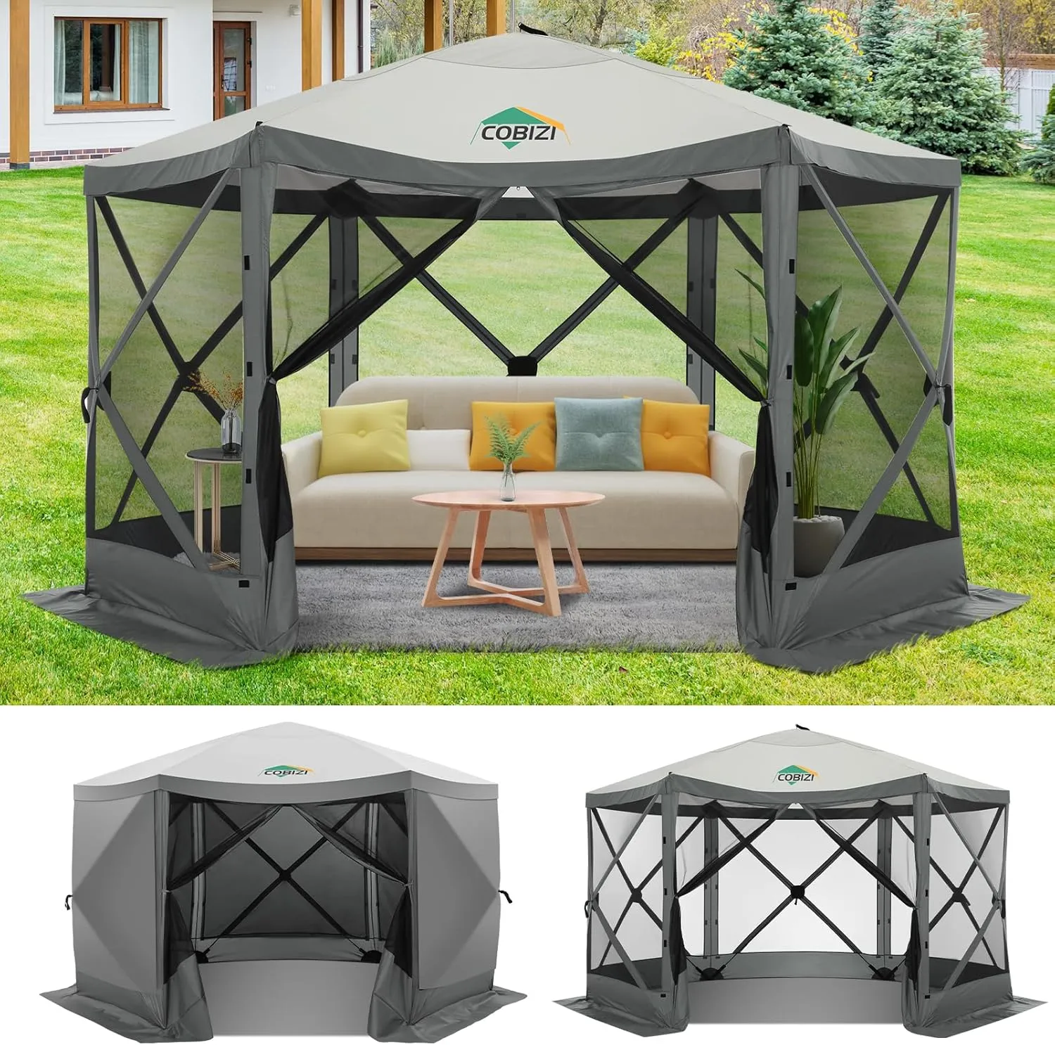 COBIZI 12x12ft Pop up Gazebo Screen Tent Screen House for Camping, Camping Outdoor Screened Gazebo with Sidewalls, Portable Hub Tent with Carrying Bag and Ground Stakes, Grey(Upgraded 2.0)