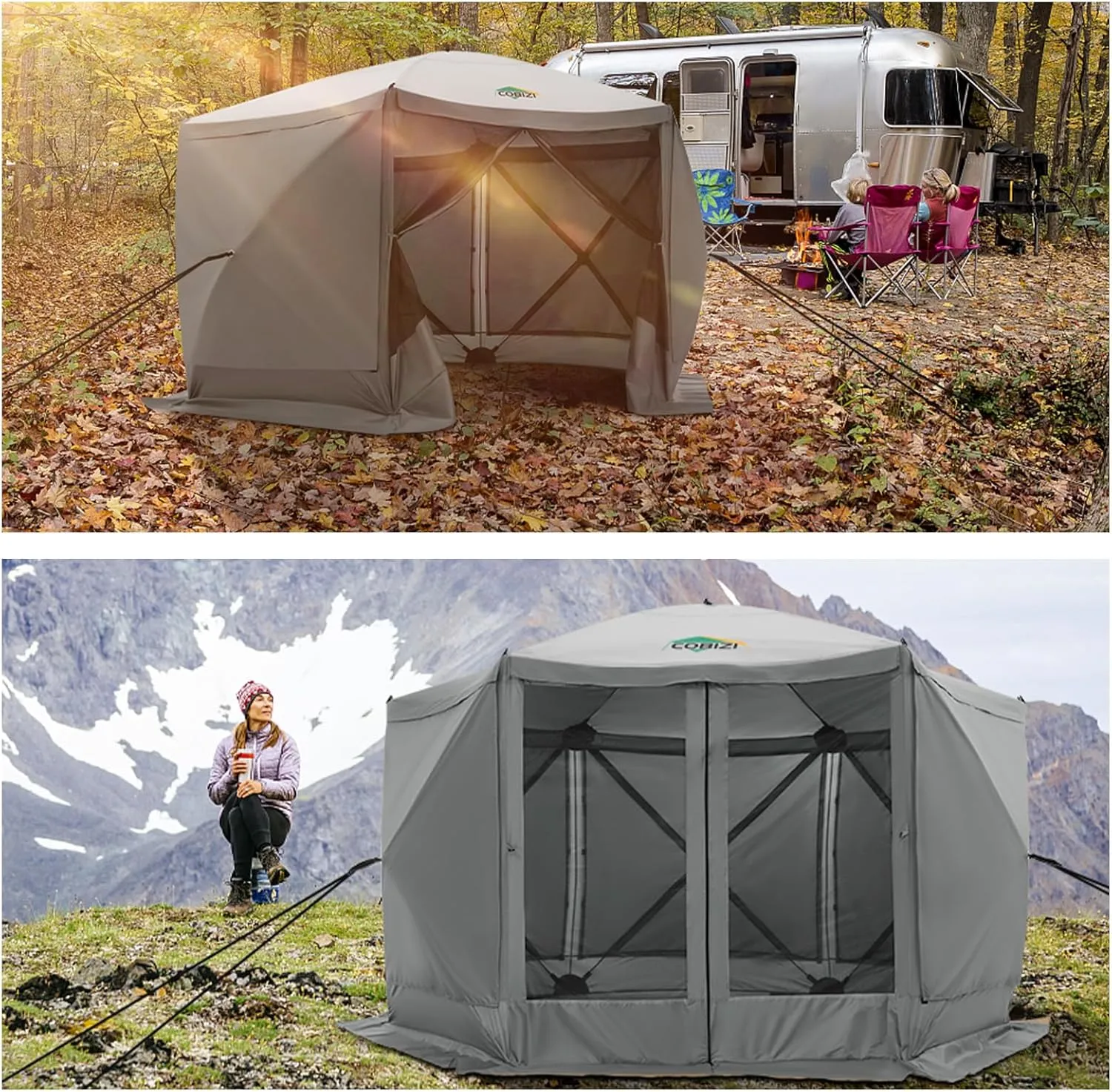 COBIZI 12x12ft Pop up Gazebo Screen Tent Screen House for Camping, Camping Outdoor Screened Gazebo with Sidewalls, Portable Hub Tent with Carrying Bag and Ground Stakes, Grey(Upgraded 2.0)
