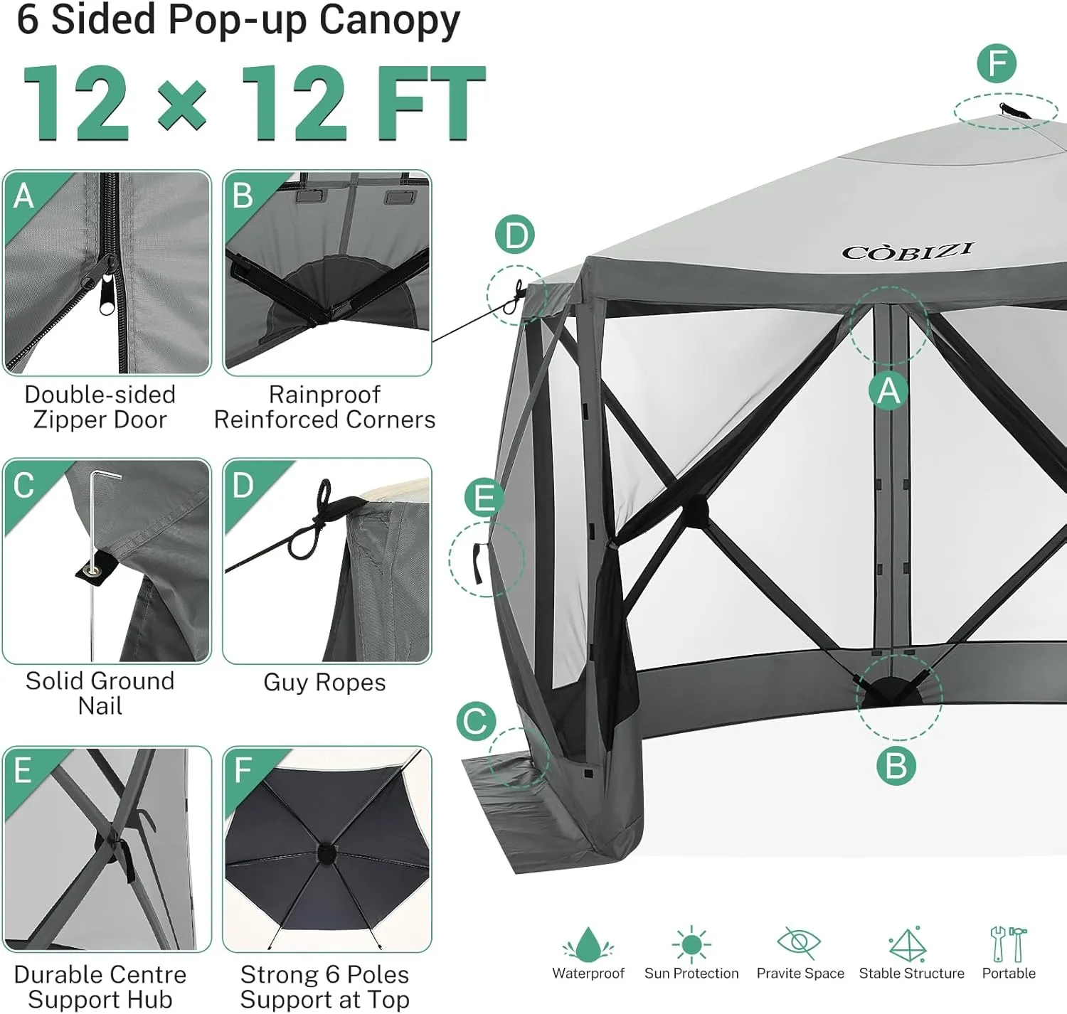 COBIZI 12x12ft Pop up Gazebo Screen Tent Screen House for Camping, Camping Outdoor Screened Gazebo with Sidewalls, Portable Hub Tent with Carrying Bag and Ground Stakes, Grey(Upgraded 2.0)