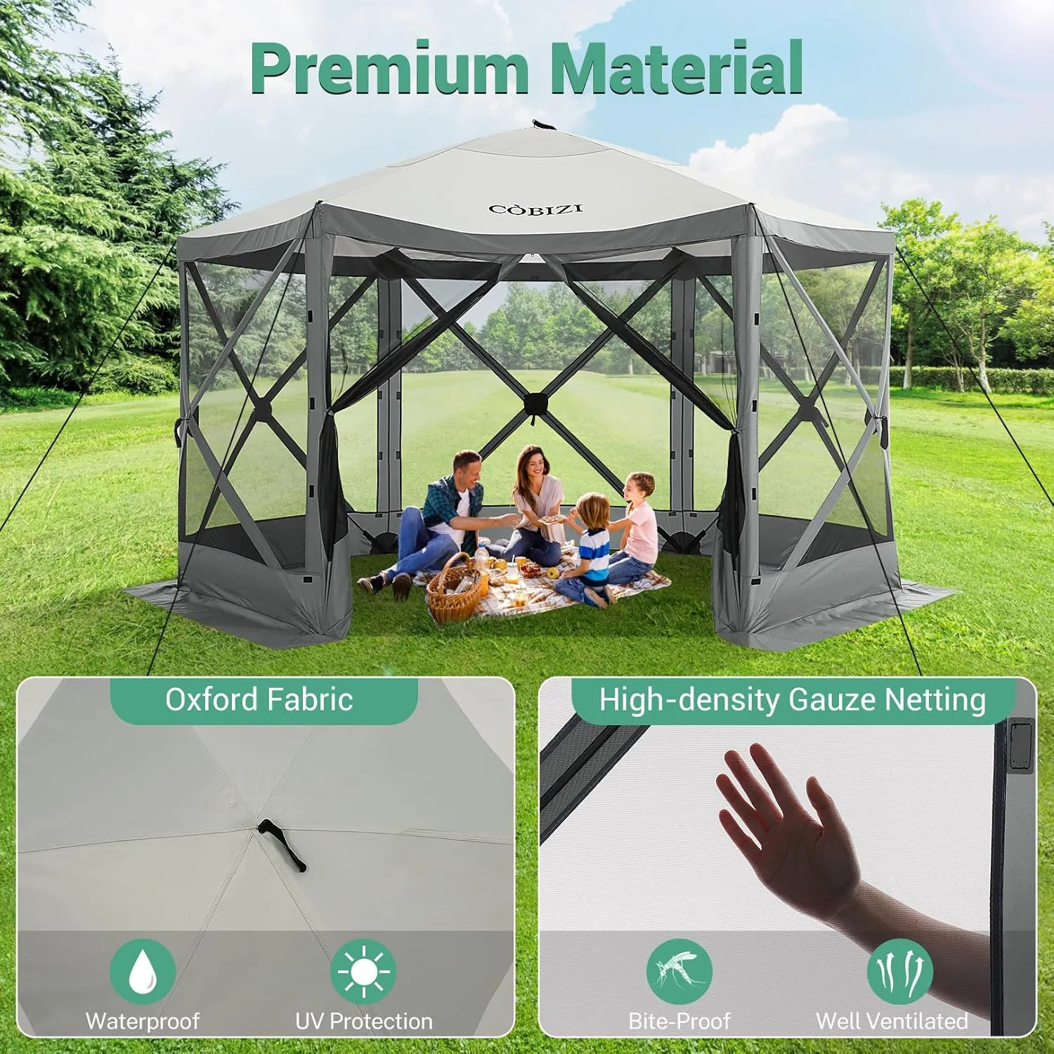 COBIZI 12x12ft Pop up Gazebo Screen Tent Screen House for Camping, Camping Outdoor Screened Gazebo with Sidewalls, Portable Hub Tent with Carrying Bag and Ground Stakes, Grey(Upgraded 2.0)