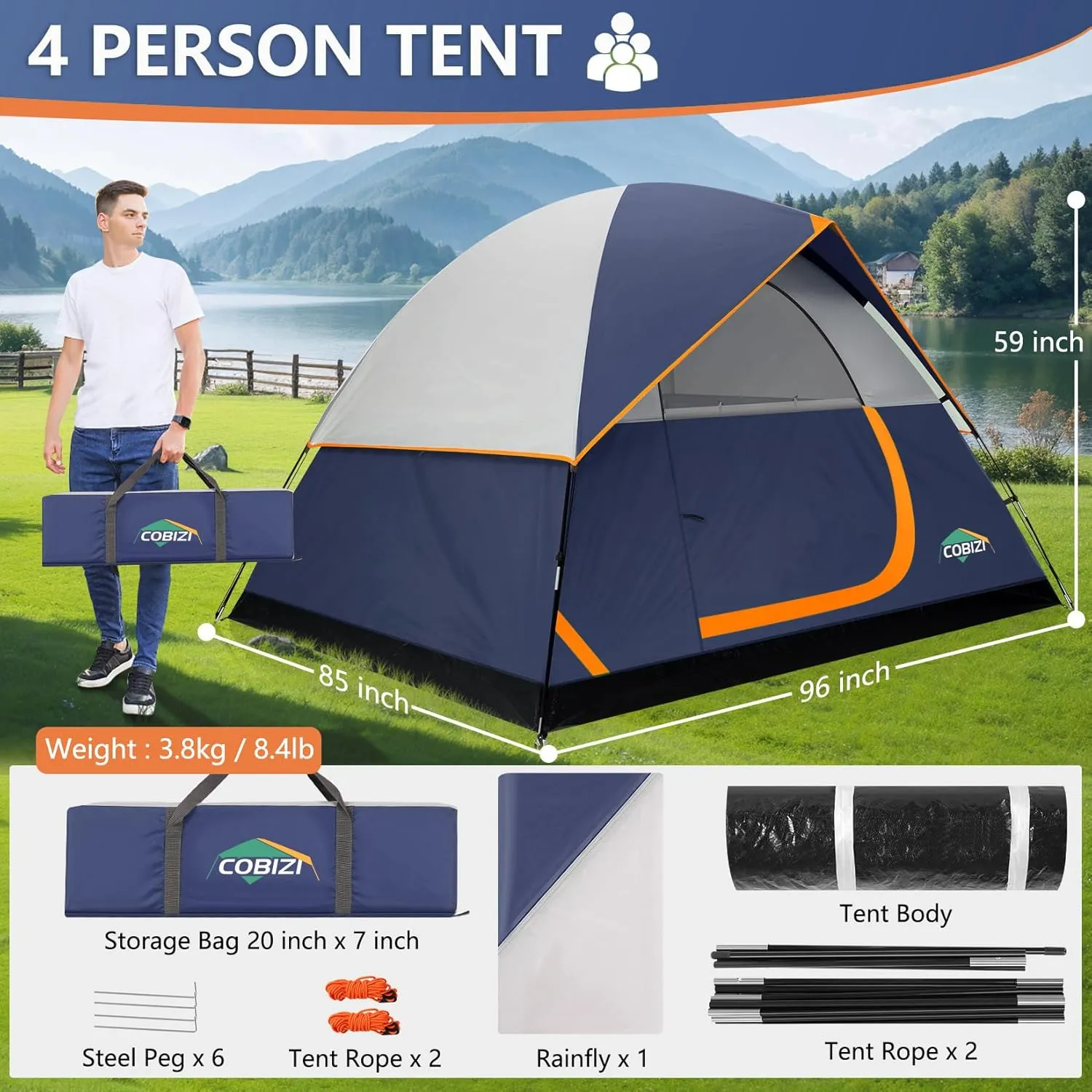 COBIZI 4/6 Person Tent for Camping Waterproof PU-Coated with Removable Rainfly, Easy Setup Family Tent with Large Mesh Windows, 3 Season Portable Dome Tent for Outdoor, Scouts, Hiking & Traveling