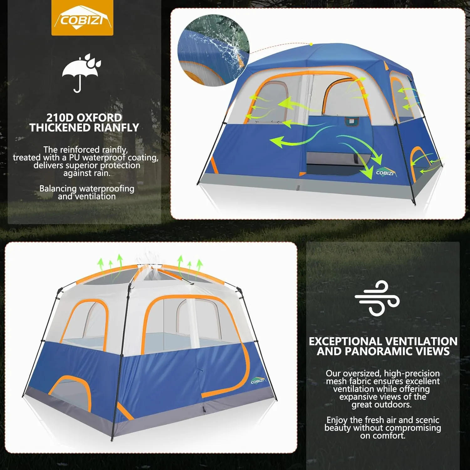 COBIZI 4/6 Person Tent for Camping Waterproof PU-Coated with Removable Rainfly, Easy Setup Family Tent with Large Mesh Windows, 3 Season Portable Dome Tent for Outdoor, Scouts, Hiking & Traveling