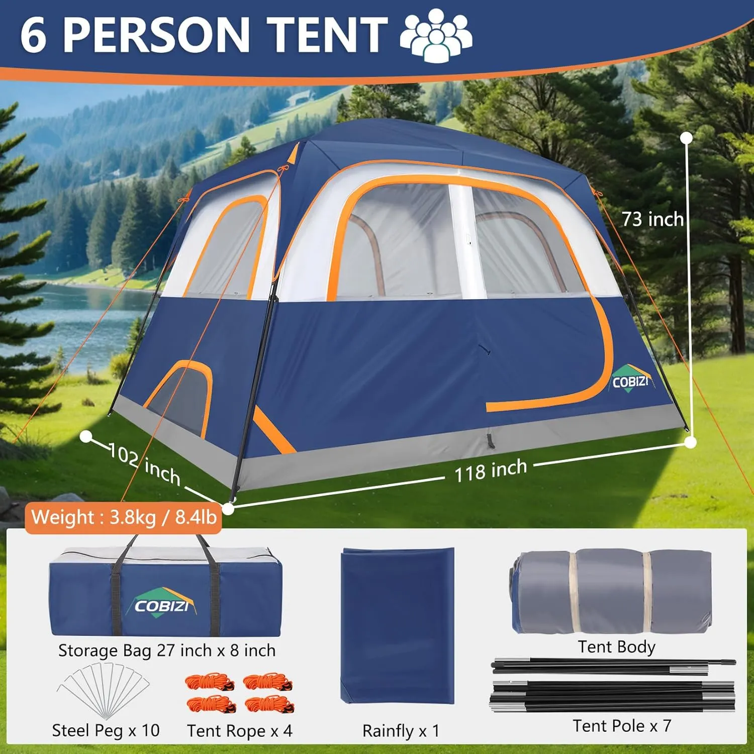 COBIZI 4/6 Person Tent for Camping Waterproof PU-Coated with Removable Rainfly, Easy Setup Family Tent with Large Mesh Windows, 3 Season Portable Dome Tent for Outdoor, Scouts, Hiking & Traveling