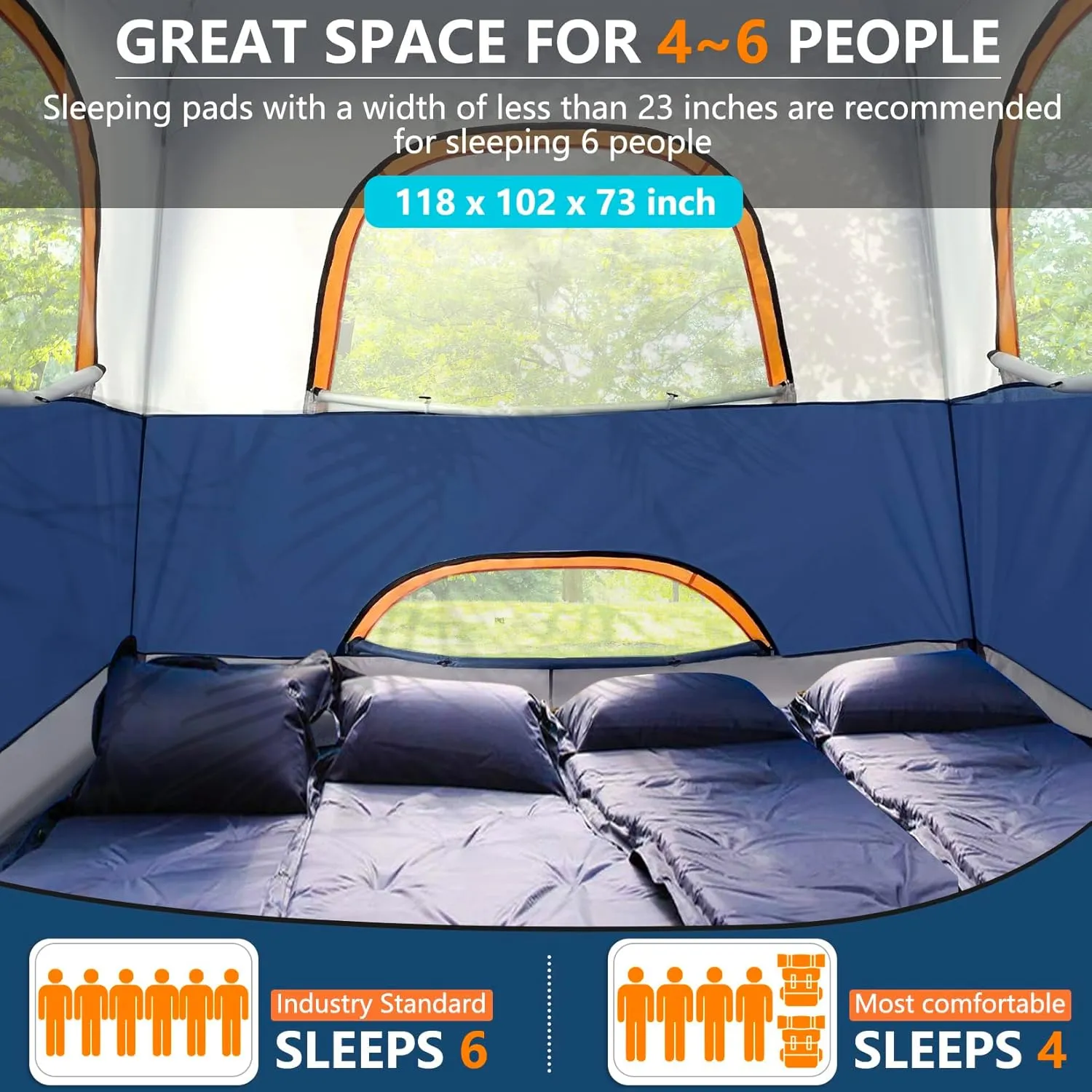 COBIZI 4/6 Person Tent for Camping Waterproof PU-Coated with Removable Rainfly, Easy Setup Family Tent with Large Mesh Windows, 3 Season Portable Dome Tent for Outdoor, Scouts, Hiking & Traveling
