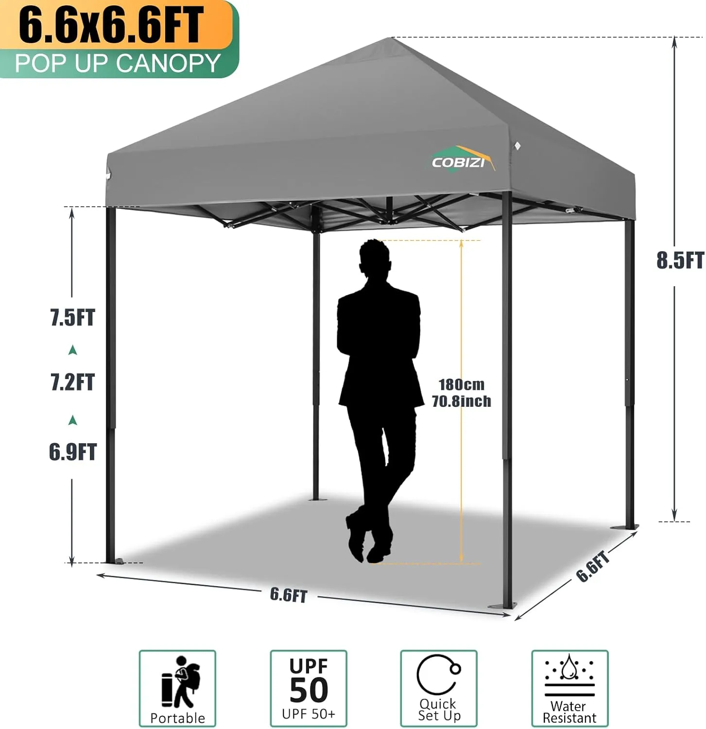 COBIZI 6.6x6.6ft Pop Up Canopy, Heavy Duty Tent Canopy Easy Set up All Weather Waterproof Outdoor Canopy Tent for Parties, Beach, Garden, Camping with 1 Handbag, 3 Adjustable Heights, UPF50 , Grey
