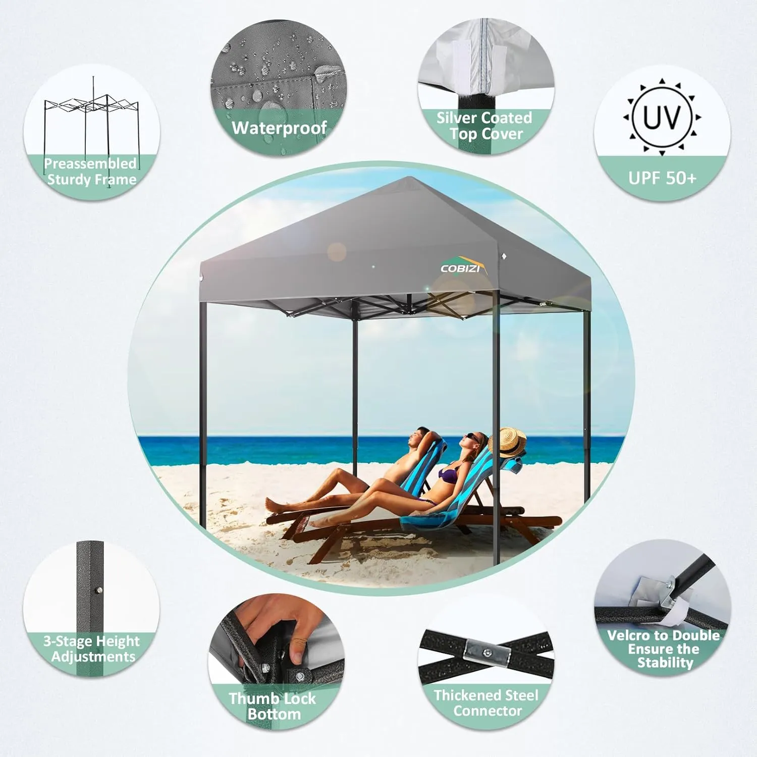 COBIZI 6.6x6.6ft Pop Up Canopy, Heavy Duty Tent Canopy Easy Set up All Weather Waterproof Outdoor Canopy Tent for Parties, Beach, Garden, Camping with 1 Handbag, 3 Adjustable Heights, UPF50 , Grey