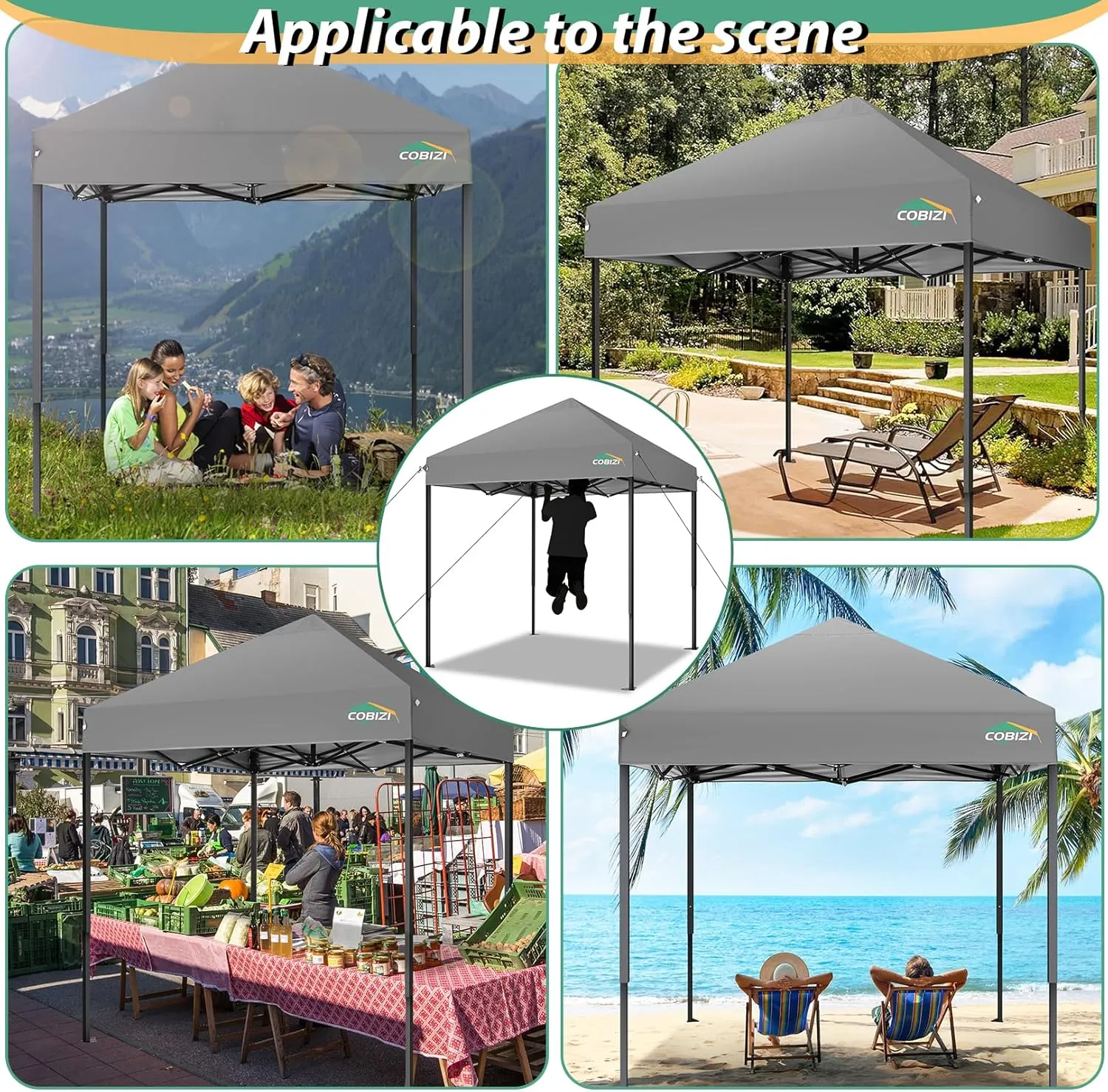 COBIZI 6.6x6.6ft Pop Up Canopy, Heavy Duty Tent Canopy Easy Set up All Weather Waterproof Outdoor Canopy Tent for Parties, Beach, Garden, Camping with 1 Handbag, 3 Adjustable Heights, UPF50 , Grey
