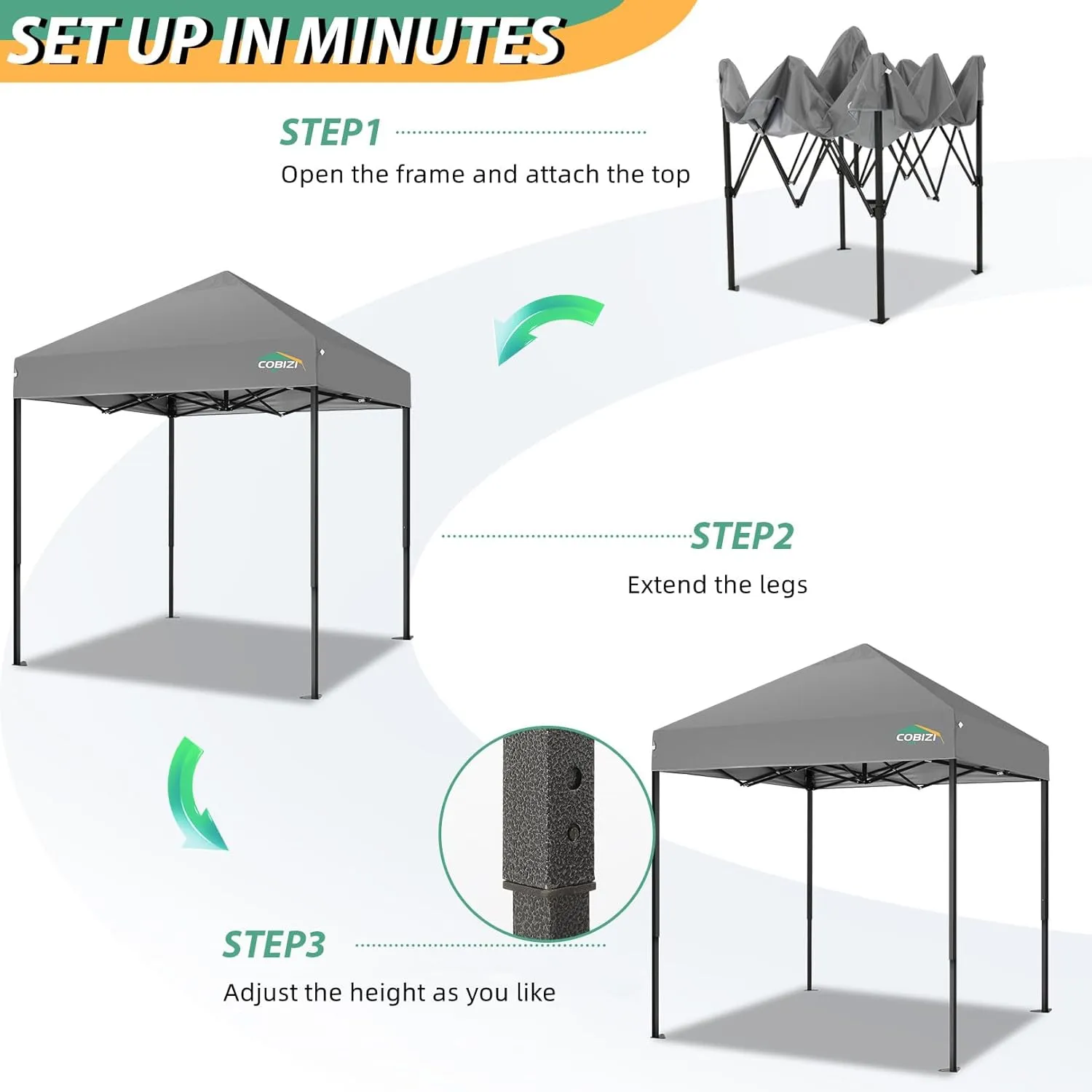 COBIZI 6.6x6.6ft Pop Up Canopy, Heavy Duty Tent Canopy Easy Set up All Weather Waterproof Outdoor Canopy Tent for Parties, Beach, Garden, Camping with 1 Handbag, 3 Adjustable Heights, UPF50 , Grey