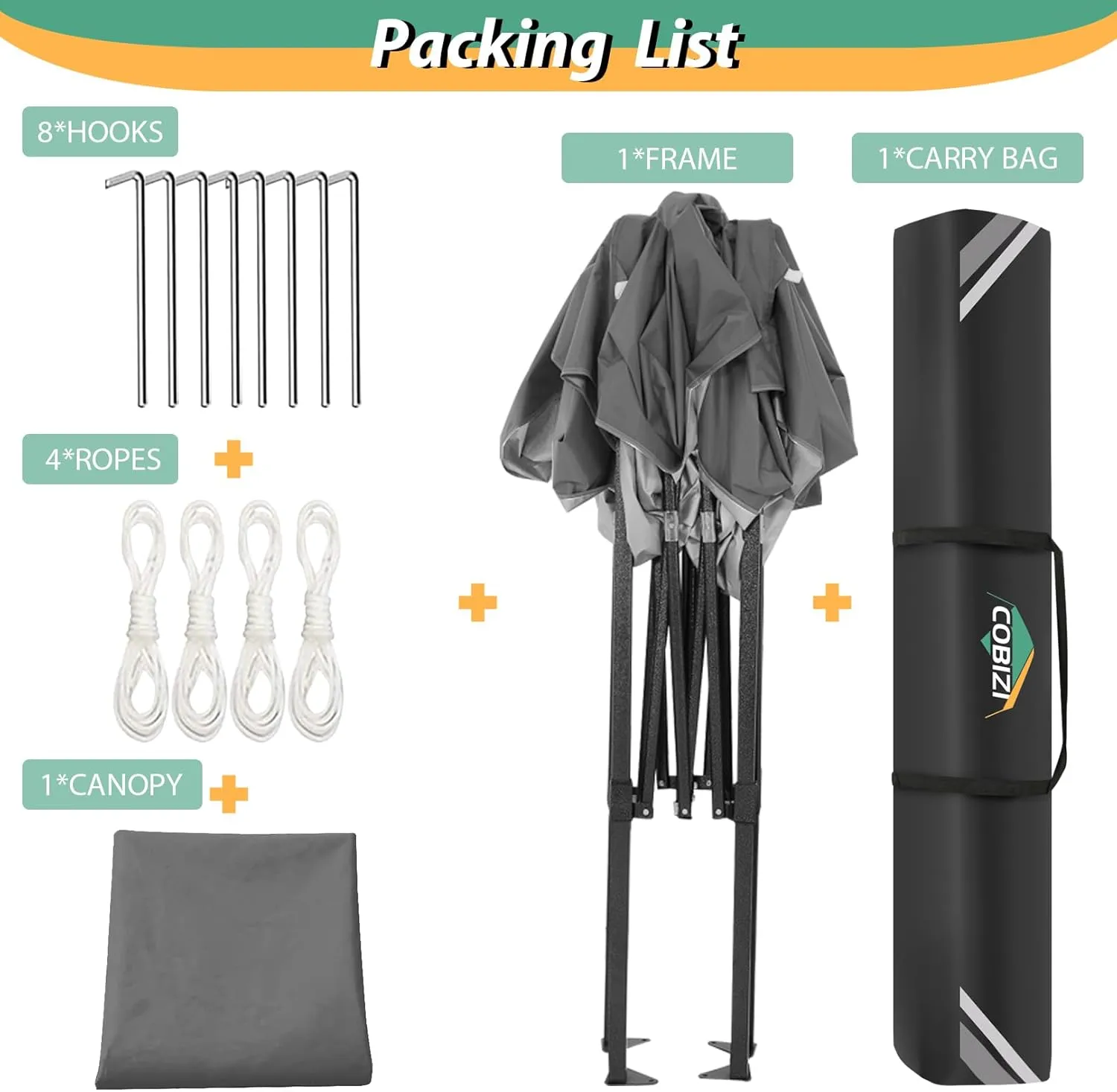 COBIZI 6.6x6.6ft Pop Up Canopy, Heavy Duty Tent Canopy Easy Set up All Weather Waterproof Outdoor Canopy Tent for Parties, Beach, Garden, Camping with 1 Handbag, 3 Adjustable Heights, UPF50 , Grey