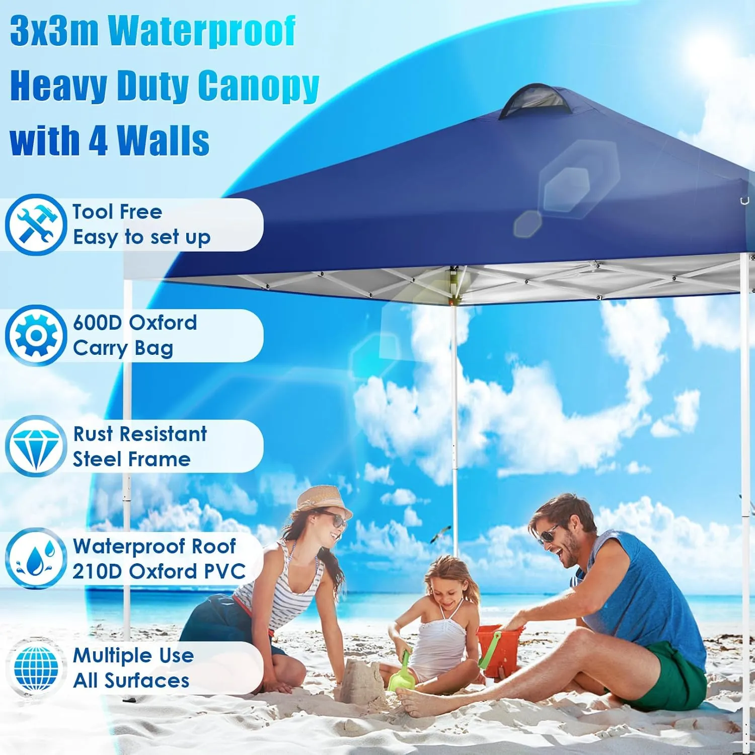 COBIZI Canopy Tent 10x10 Pop Up Outdoor Canopies with 4 Sidewalls Waterproof Commercial Instant Gazebo Tents for Party Patio Backyard with 4 Sandbags, 4 Stakes & 8 Ropes, Dark Blue