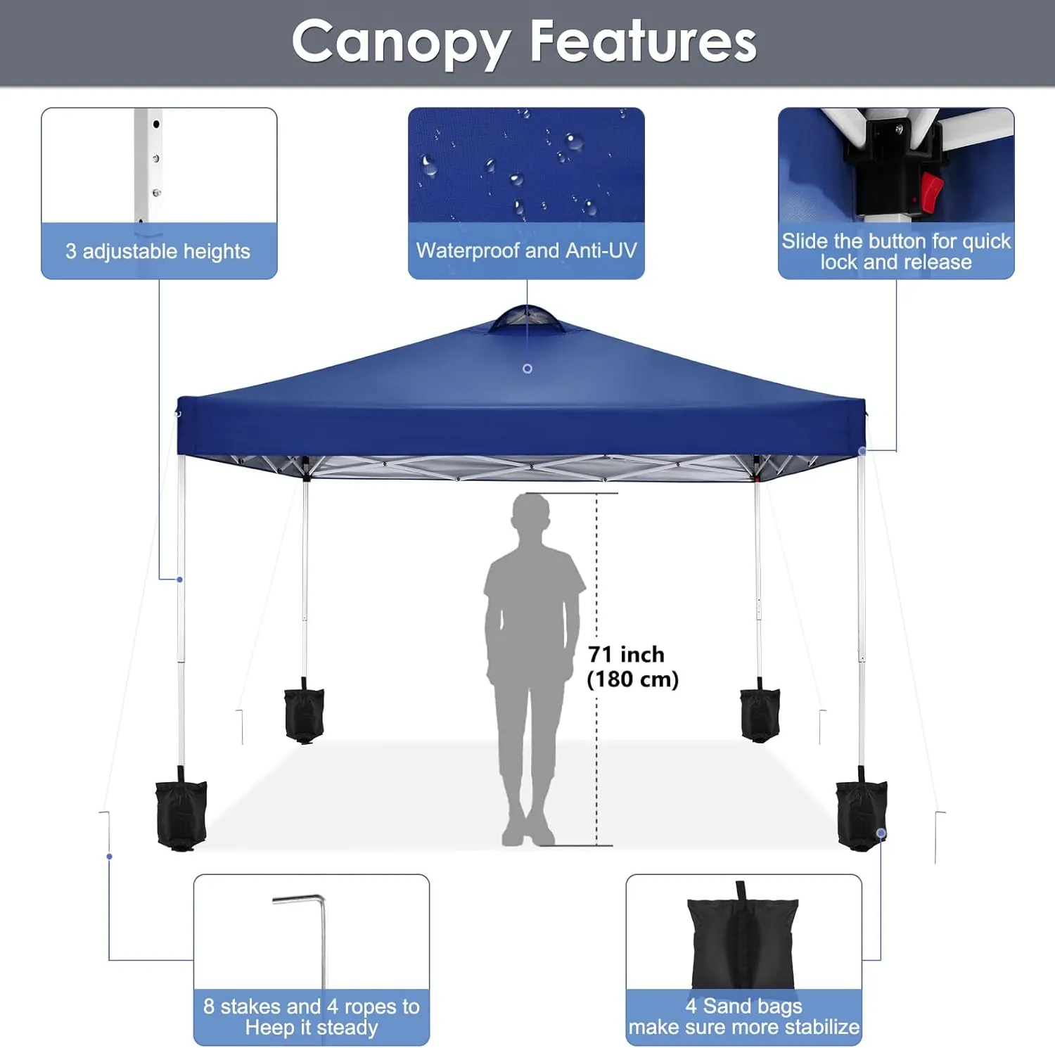 COBIZI Canopy Tent 10x10 Pop Up Outdoor Canopies with 4 Sidewalls Waterproof Commercial Instant Gazebo Tents for Party Patio Backyard with 4 Sandbags, 4 Stakes & 8 Ropes, Dark Blue