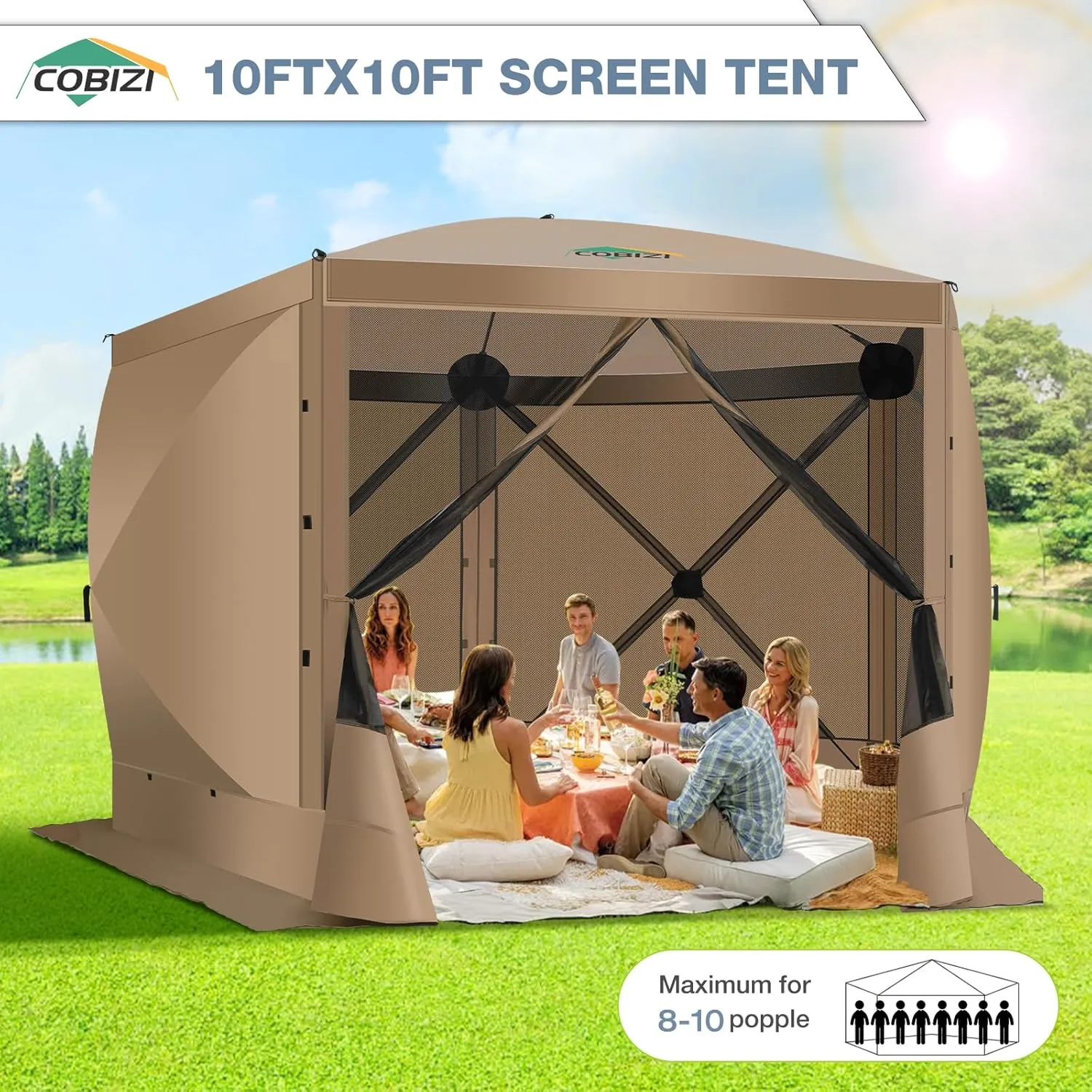 COBIZI Pop Up Gazebo Screen Tent Screen House for Camping, 10x10 Screen Room with Mosquito Netting, Hub Tent Instant Screened Canopy with Carrying Bag and Ground Stakes, Khaki