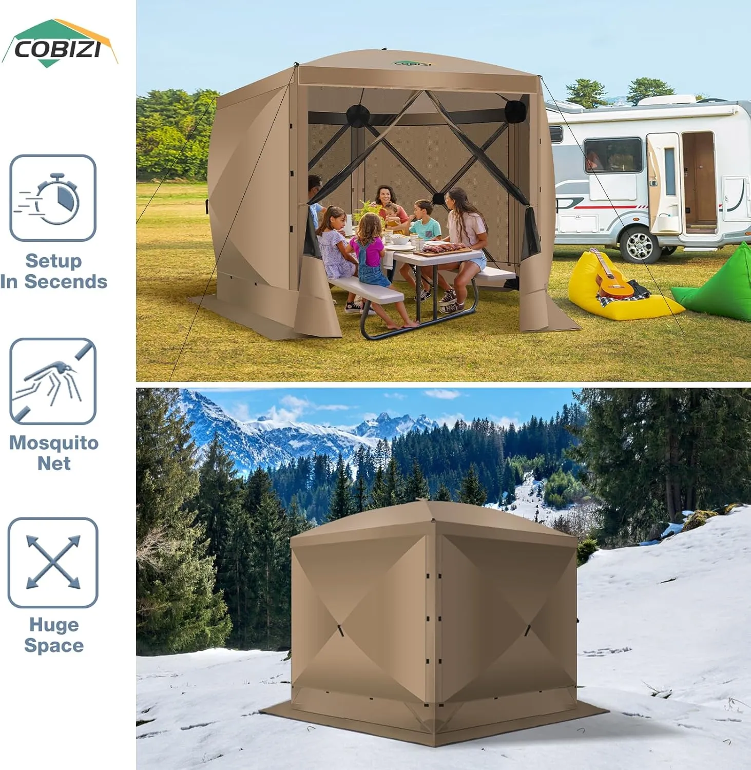 COBIZI Pop Up Gazebo Screen Tent Screen House for Camping, 10x10 Screen Room with Mosquito Netting, Hub Tent Instant Screened Canopy with Carrying Bag and Ground Stakes, Khaki