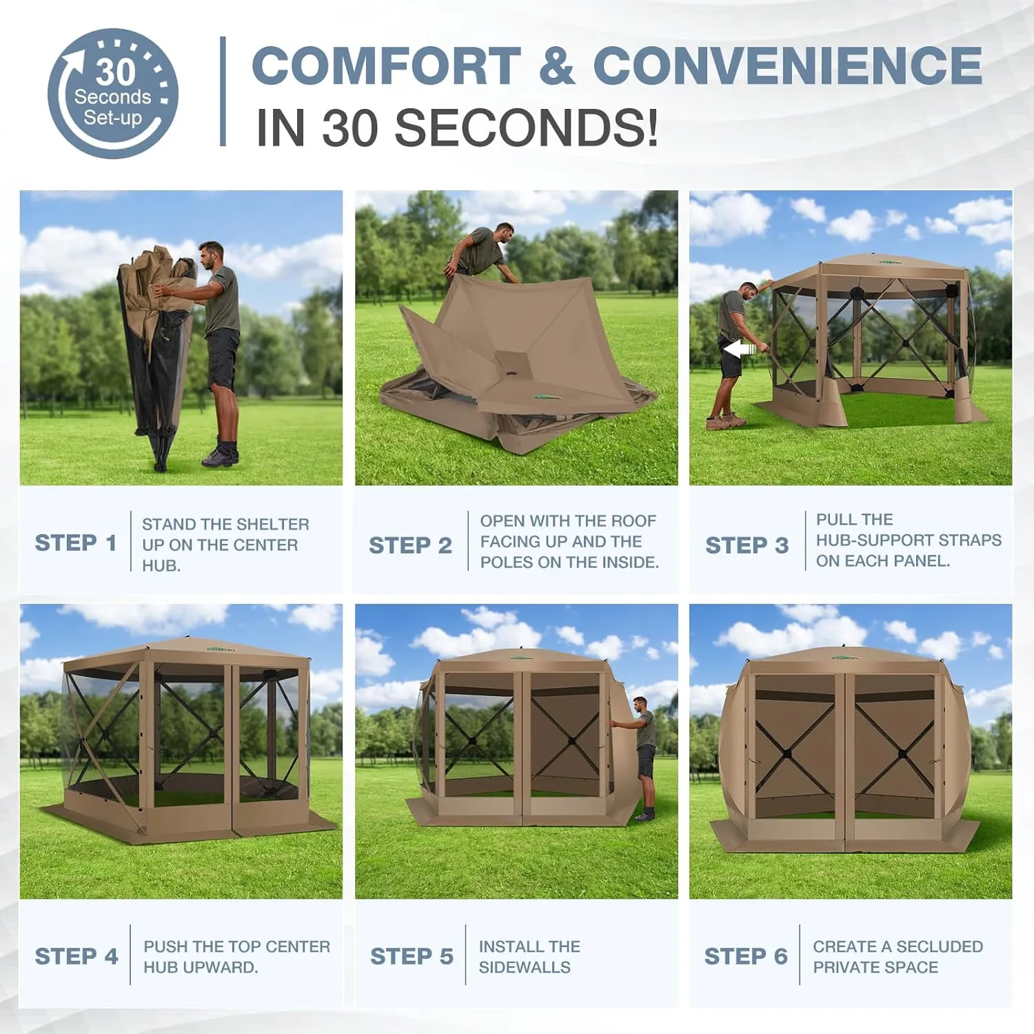 COBIZI Pop Up Gazebo Screen Tent Screen House for Camping, 10x10 Screen Room with Mosquito Netting, Hub Tent Instant Screened Canopy with Carrying Bag and Ground Stakes, Khaki