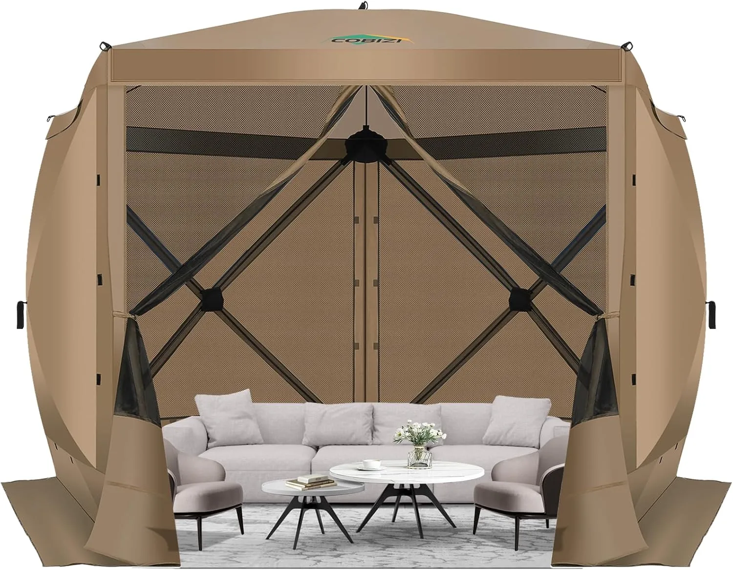 COBIZI Pop Up Gazebo Screen Tent Screen House for Camping, 10x10 Screen Room with Mosquito Netting, Hub Tent Instant Screened Canopy with Carrying Bag and Ground Stakes, Khaki