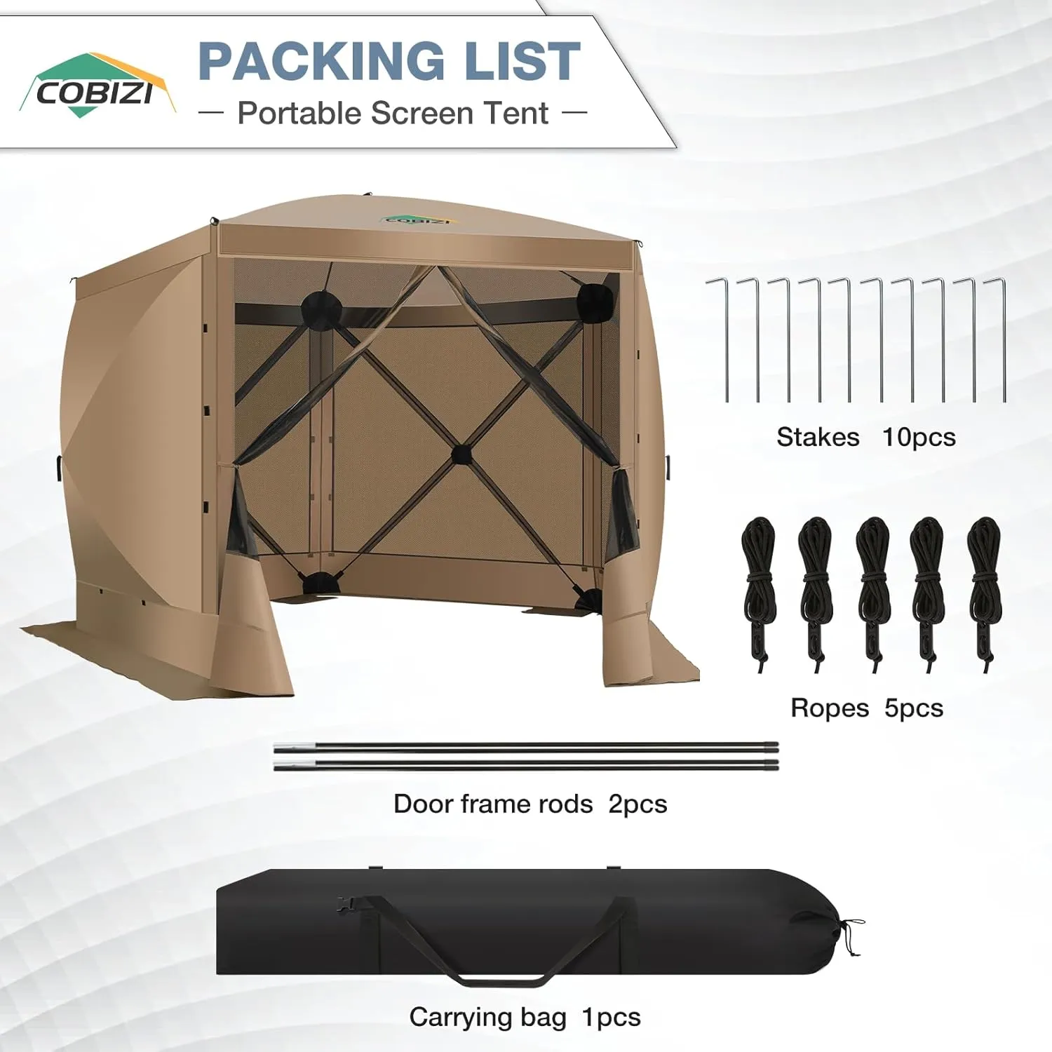 COBIZI Pop Up Gazebo Screen Tent Screen House for Camping, 10x10 Screen Room with Mosquito Netting, Hub Tent Instant Screened Canopy with Carrying Bag and Ground Stakes, Khaki