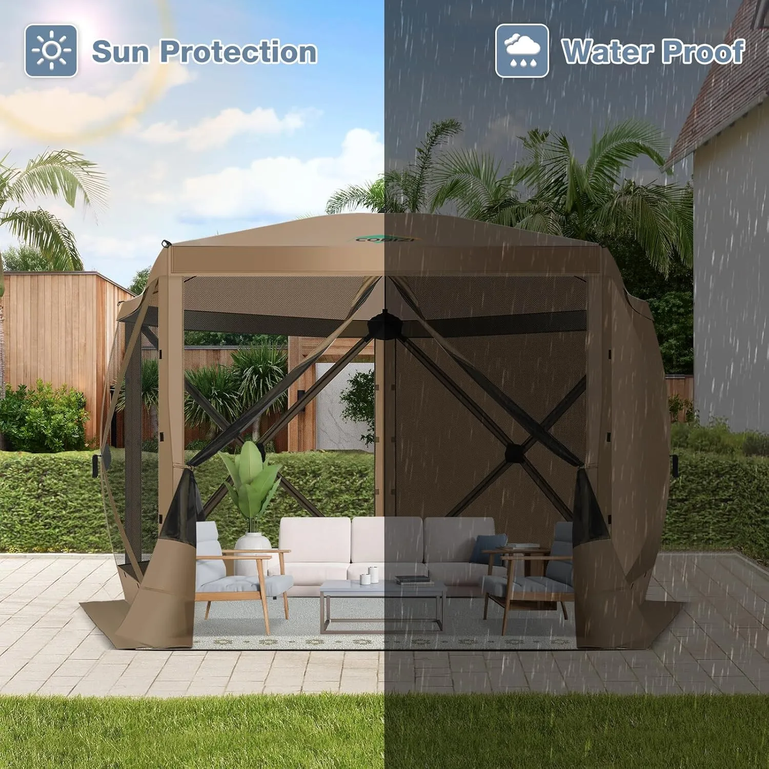 COBIZI Pop Up Gazebo Screen Tent Screen House for Camping, 10x10 Screen Room with Mosquito Netting, Hub Tent Instant Screened Canopy with Carrying Bag and Ground Stakes, Khaki