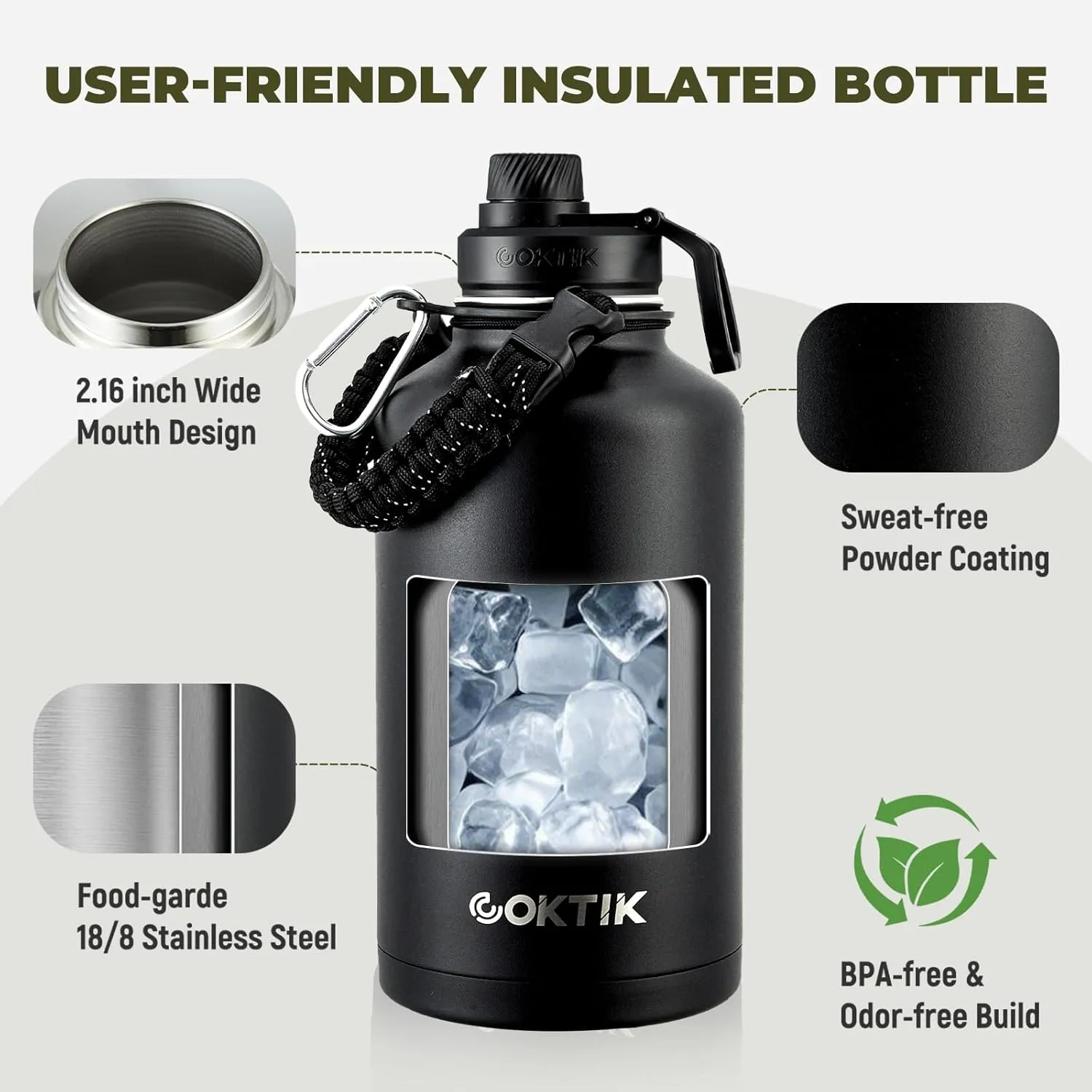 COKTIK 1 PC 64oz Half Gallon Water Bottle - Triple Insulated Stainless Steel Flask, 48hr Cold Retention, Leakproof & BPA-Free, Large Water Jug for Gym, Hiking, Camping, Outdoor Sports (Midnight)