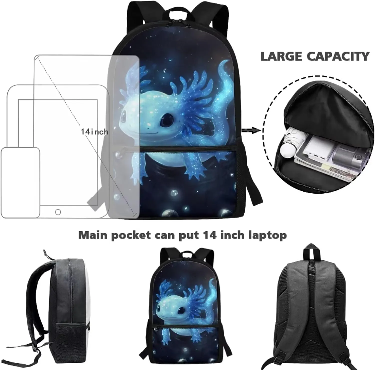Coldinair Axolotl School Backpack for Boys Kids Children Schoolbag Travel Bookbag 17inch Lightweight Daypack Rucksack for Kindergarten Elementary School Student