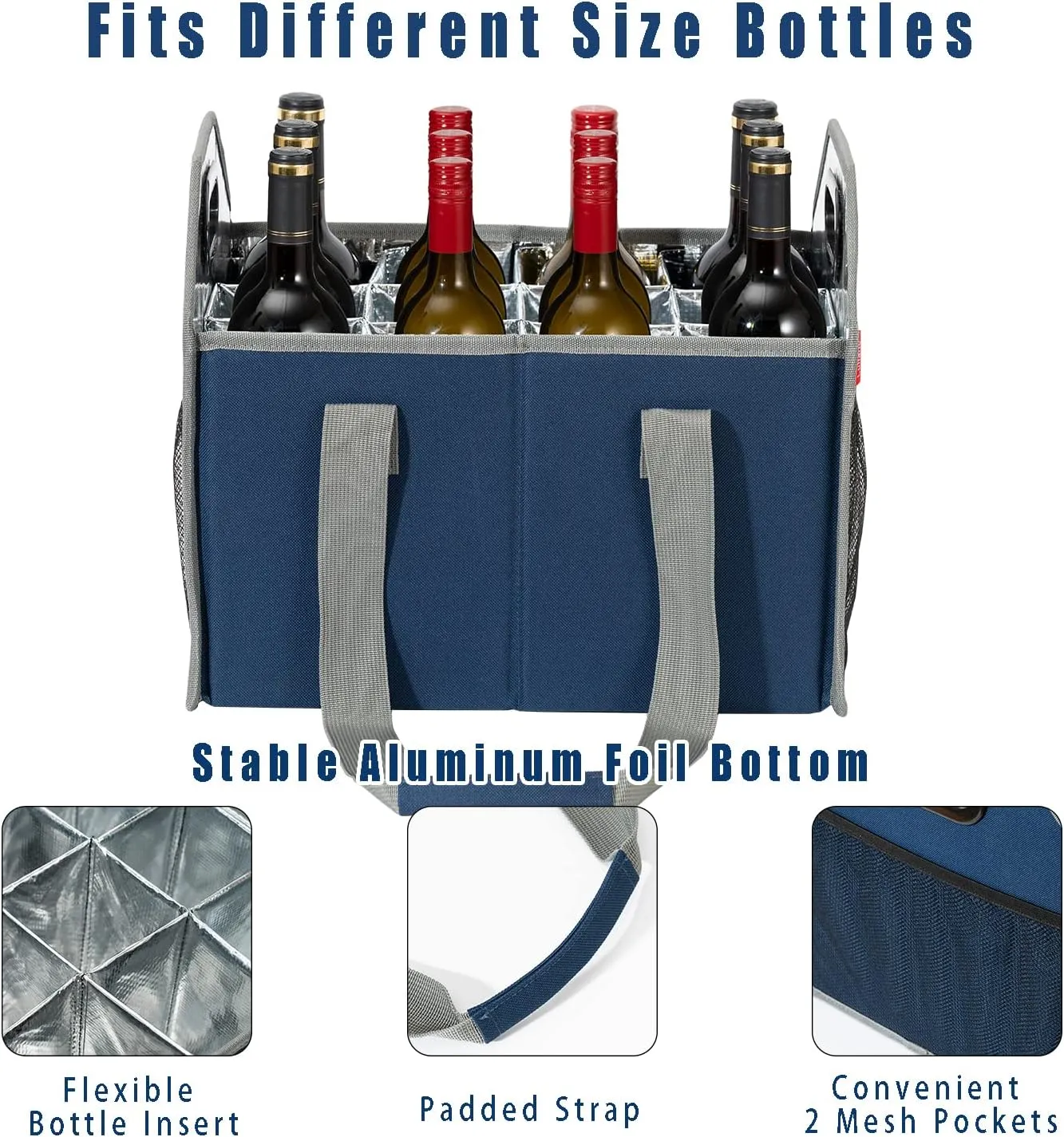 Collapsible 12 Bottle Storage Box Reusable Portable Wine Carrier Case for Tote Bag Moving, Vacation Bottle Caddy Grocery Shopping Accessory (Blue)