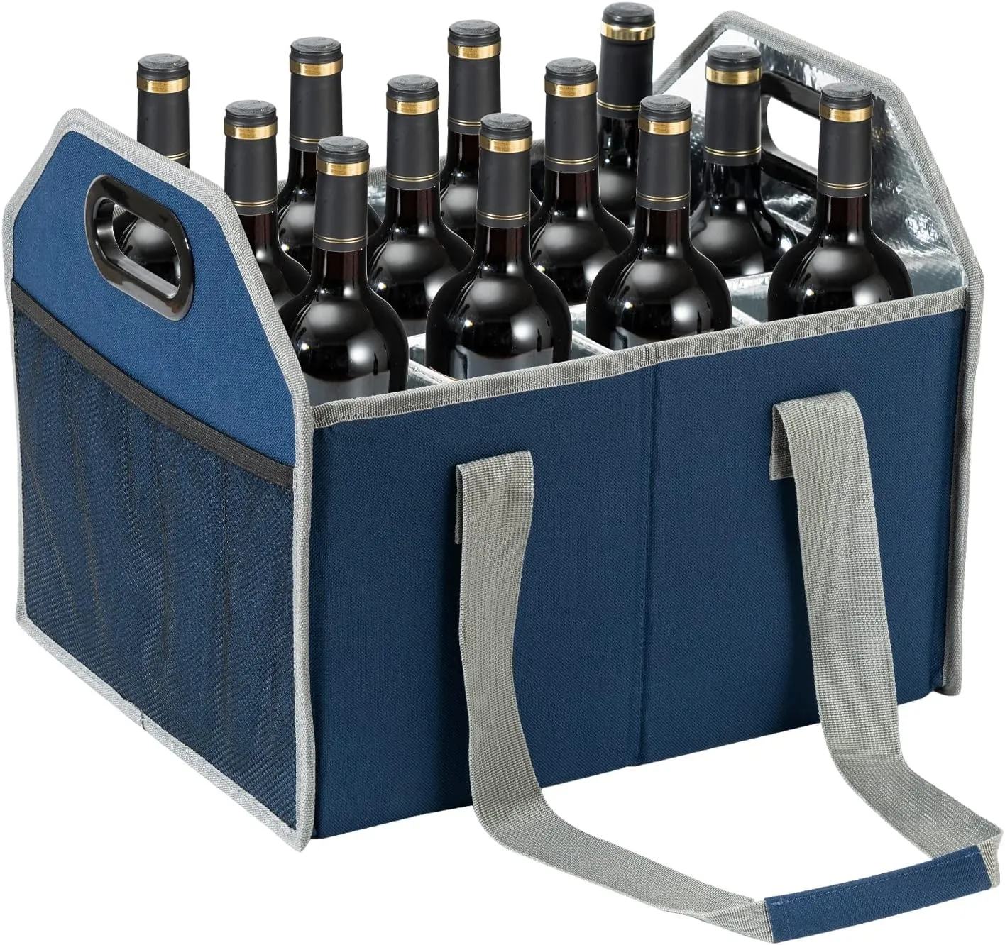 Collapsible 12 Bottle Storage Box Reusable Portable Wine Carrier Case for Tote Bag Moving, Vacation Bottle Caddy Grocery Shopping Accessory (Blue)