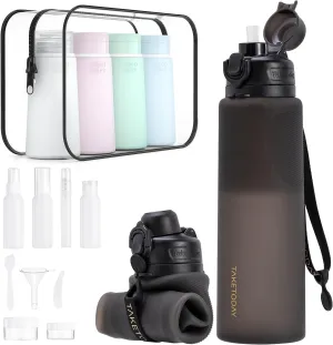 Collapsible 32oz Silicone Water Bottle, Foldable Travel Bottle with Straw, BPA Free, Leakproof for Hiking, International Travel, Outdoors (Black)