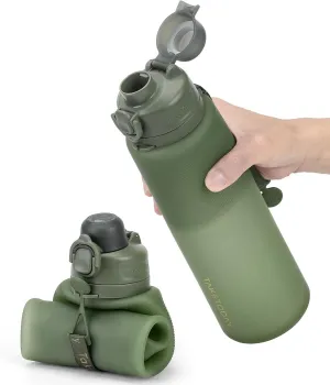 Collapsible 32oz Silicone Water Bottles, Foldable Travel Bottle with Strap, BPA Free, Leakproof for Hiking, International Travel, Outdoors(Green)