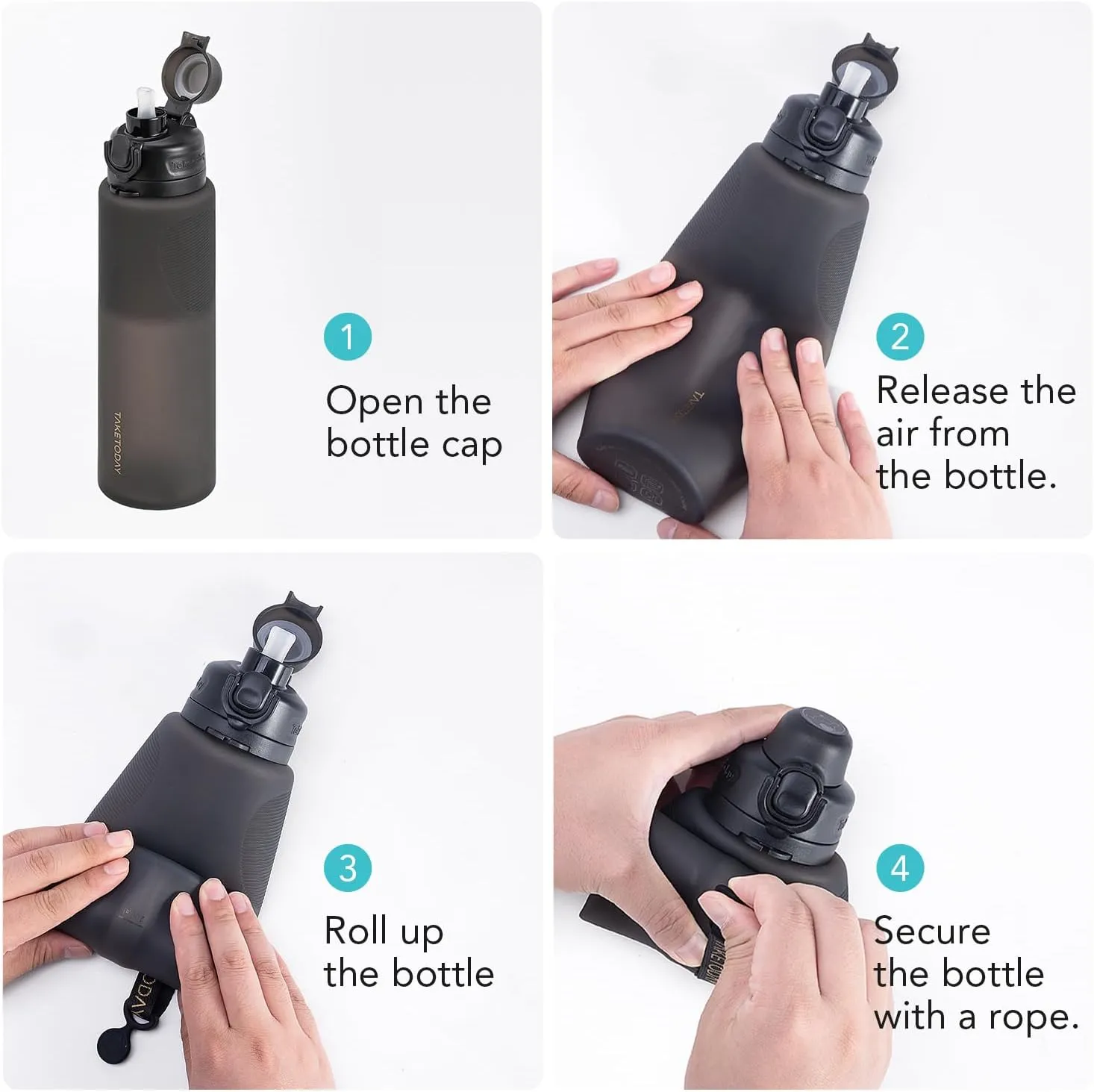 Collapsible 32oz Silicone Water Bottles, Foldable Travel Bottle with Straw, BPA Free, Leakproof for Hiking, International Travel, Outdoors (Black)