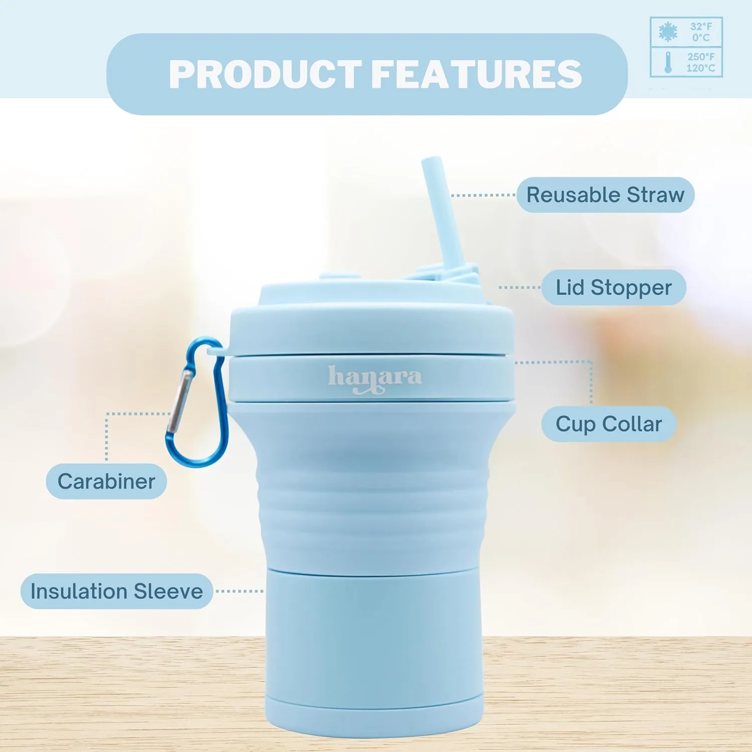 Collapsible Cup with Reusable Straw – 18 Oz (550 Ml), Portable Travel Mug, BPA-Free, Leak-Proof, Microwave & Dishwasher Safe, Multi-Purpose for Hot & Cold Drinks – Sky Blue