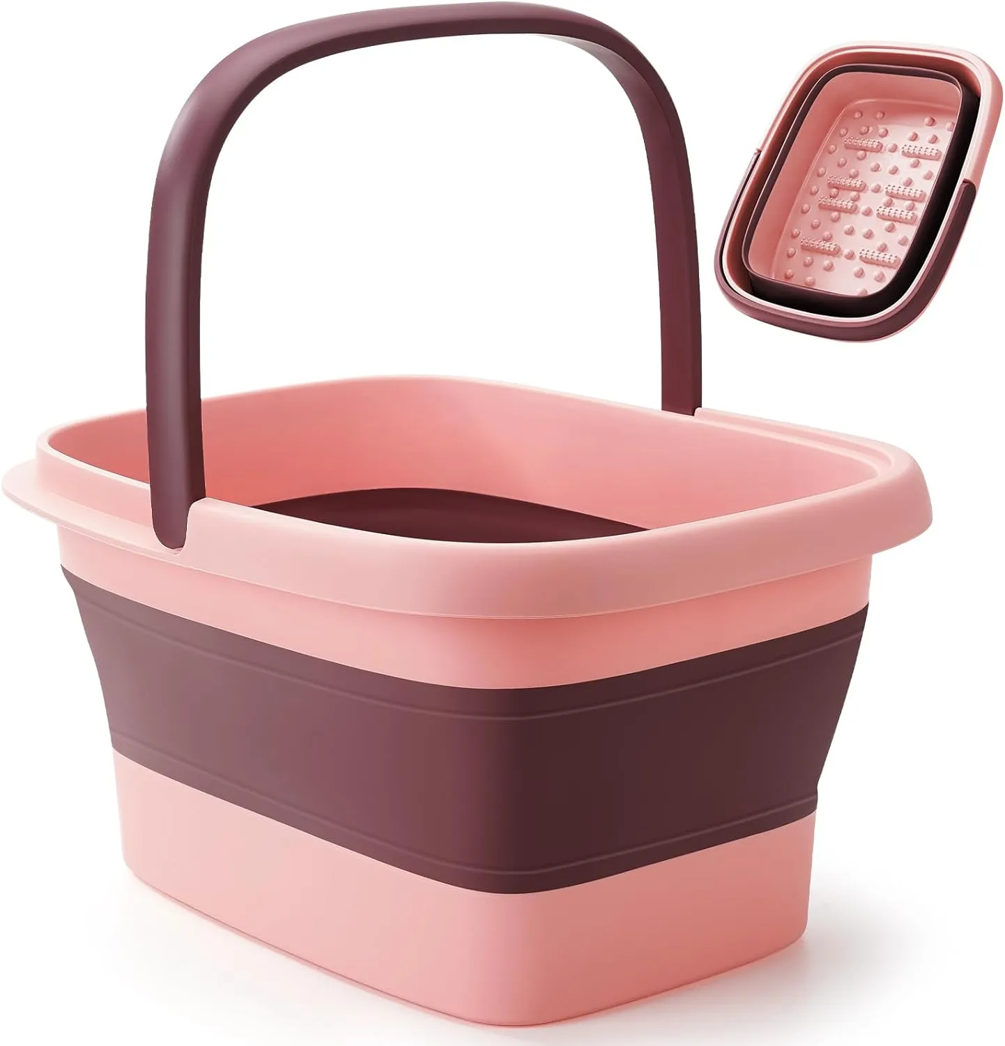 Collapsible Foot Bath Basin with Massage Acupoint for Soothing Foot Soaks, Soaking Tub for Pedicure Spa, Multifunction Plastic Bucket with Handle, Home Spa Treatment – Pink