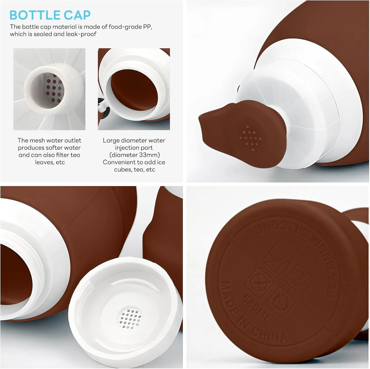 Collapsible Lightweight 20oz Water Bottle, Food-Grade Silicone BPA Free, Foldable Portable Leak Proof Office Travel Cycling Sports Outdoor Water Bottle with Vertical Hook (brown, Short nozzle)
