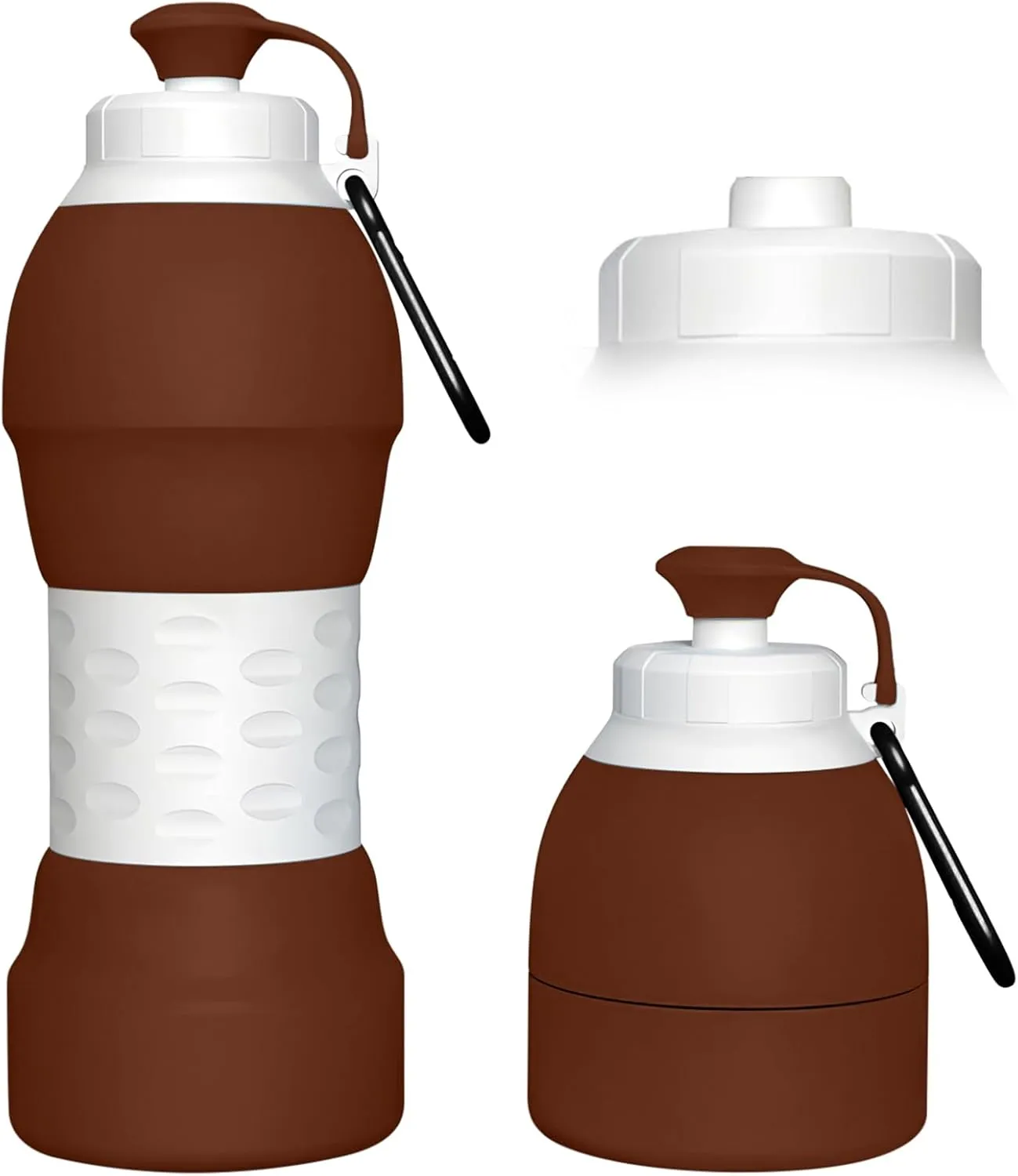 Collapsible Lightweight 20oz Water Bottle, Food-Grade Silicone BPA Free, Foldable Portable Leak Proof Office Travel Cycling Sports Outdoor Water Bottle with Vertical Hook (brown, Short nozzle)