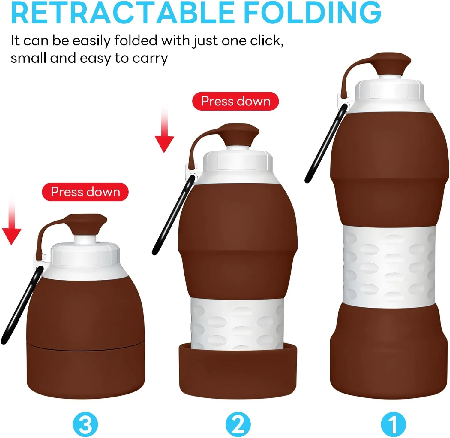 Collapsible Lightweight 20oz Water Bottle, Food-Grade Silicone BPA Free, Foldable Portable Leak Proof Office Travel Cycling Sports Outdoor Water Bottle with Vertical Hook (brown, Short nozzle)