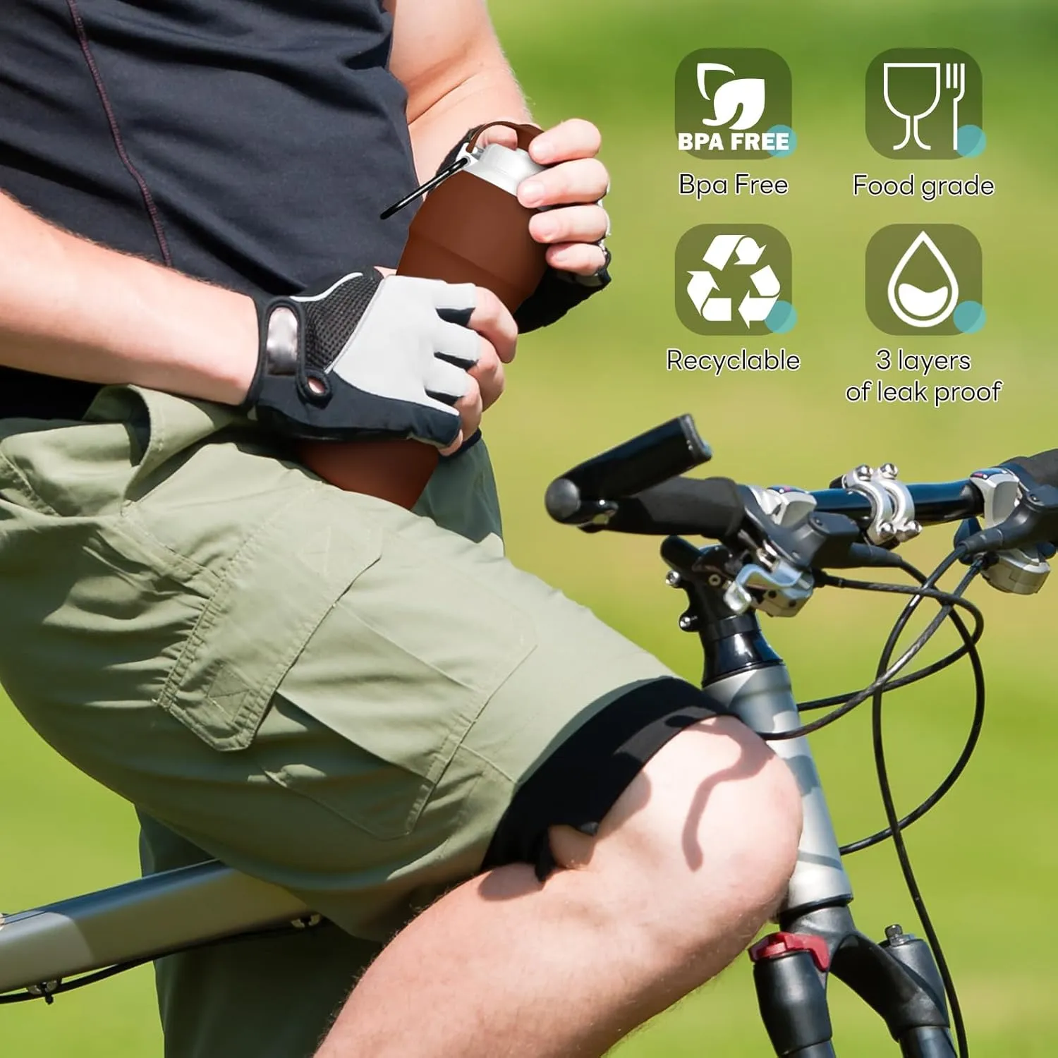 Collapsible Lightweight 20oz Water Bottle, Food-Grade Silicone BPA Free, Foldable Portable Leak Proof Office Travel Cycling Sports Outdoor Water Bottle with Vertical Hook (brown, Short nozzle)