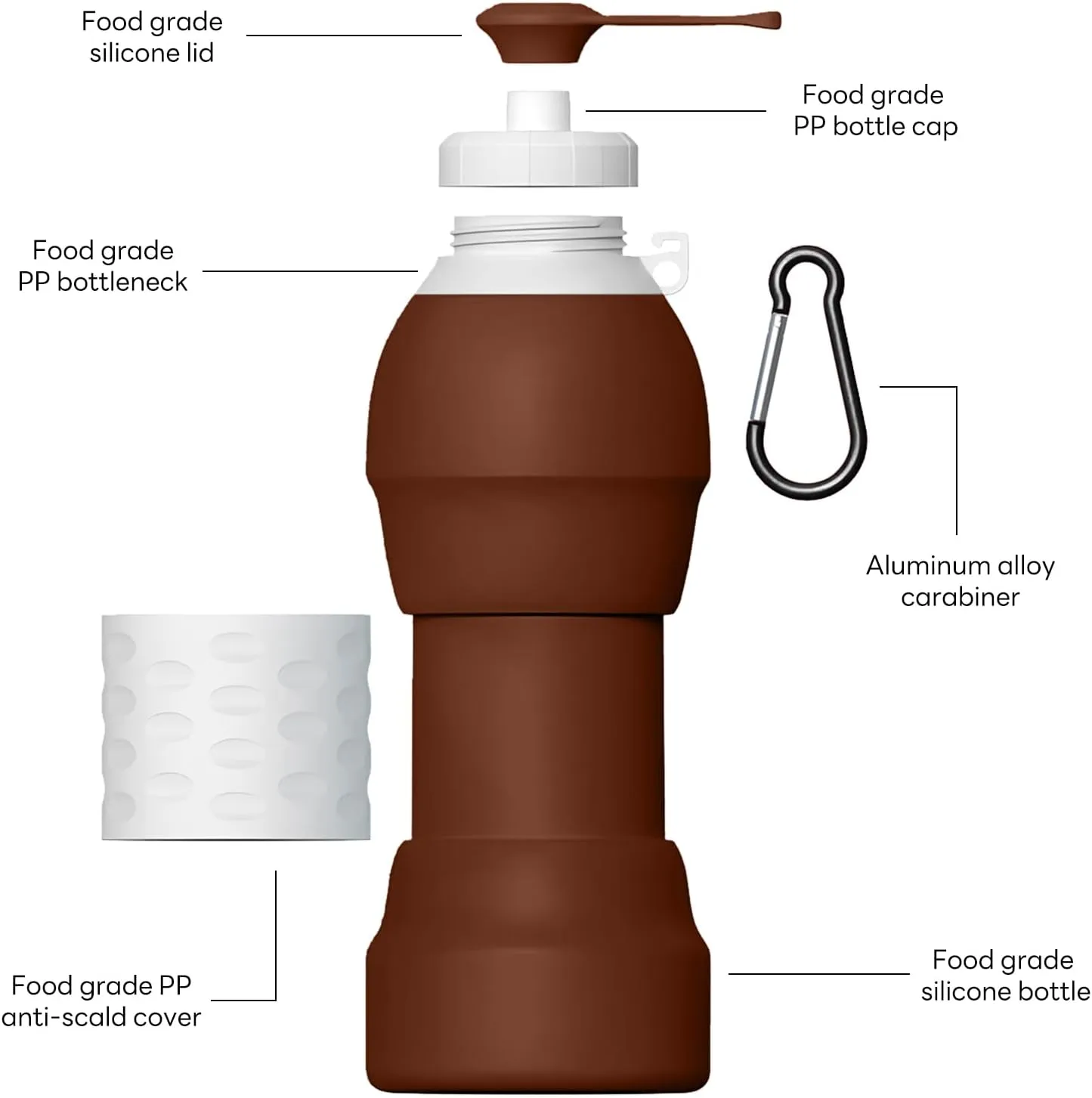 Collapsible Lightweight 20oz Water Bottle, Food-Grade Silicone BPA Free, Foldable Portable Leak Proof Office Travel Cycling Sports Outdoor Water Bottle with Vertical Hook (brown, Short nozzle)