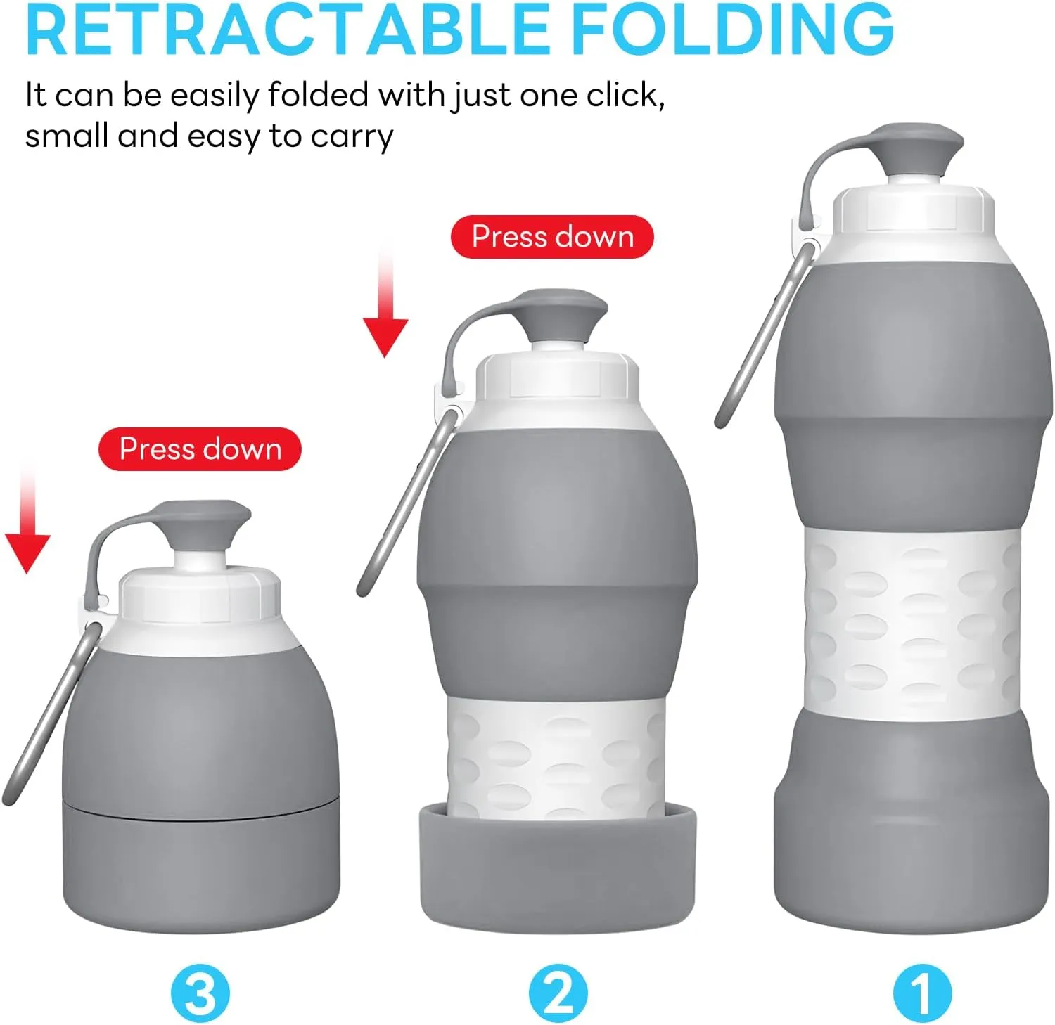 Collapsible Lightweight 20oz Water Bottle, Food-Grade Silicone BPA Free, Foldable Portable Leak Proof Office Travel Cycling Sports Outdoor Water Bottle with Vertical Hook (grey, Short nozzle)