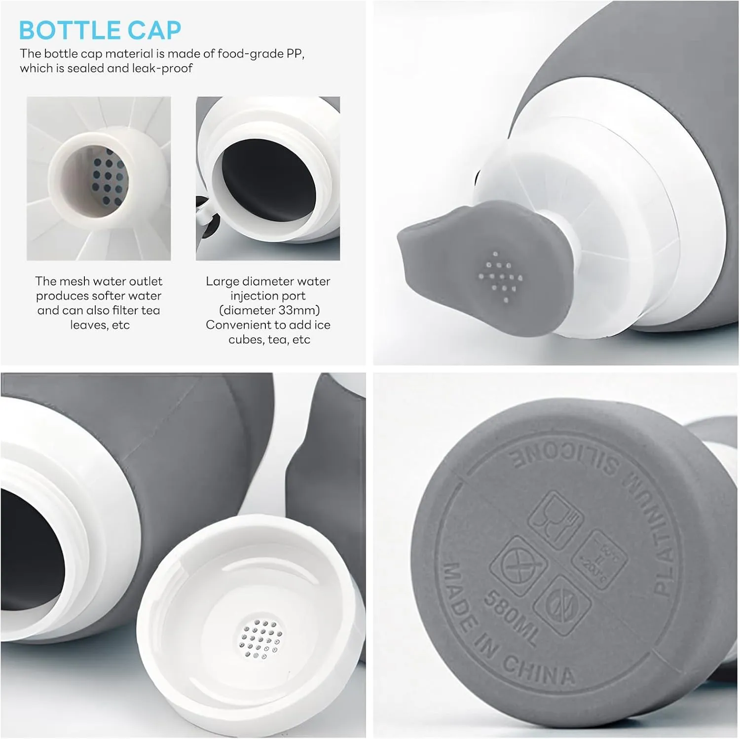Collapsible Lightweight 20oz Water Bottle, Food-Grade Silicone BPA Free, Foldable Portable Leak Proof Office Travel Cycling Sports Outdoor Water Bottle with Vertical Hook (grey, Short nozzle)