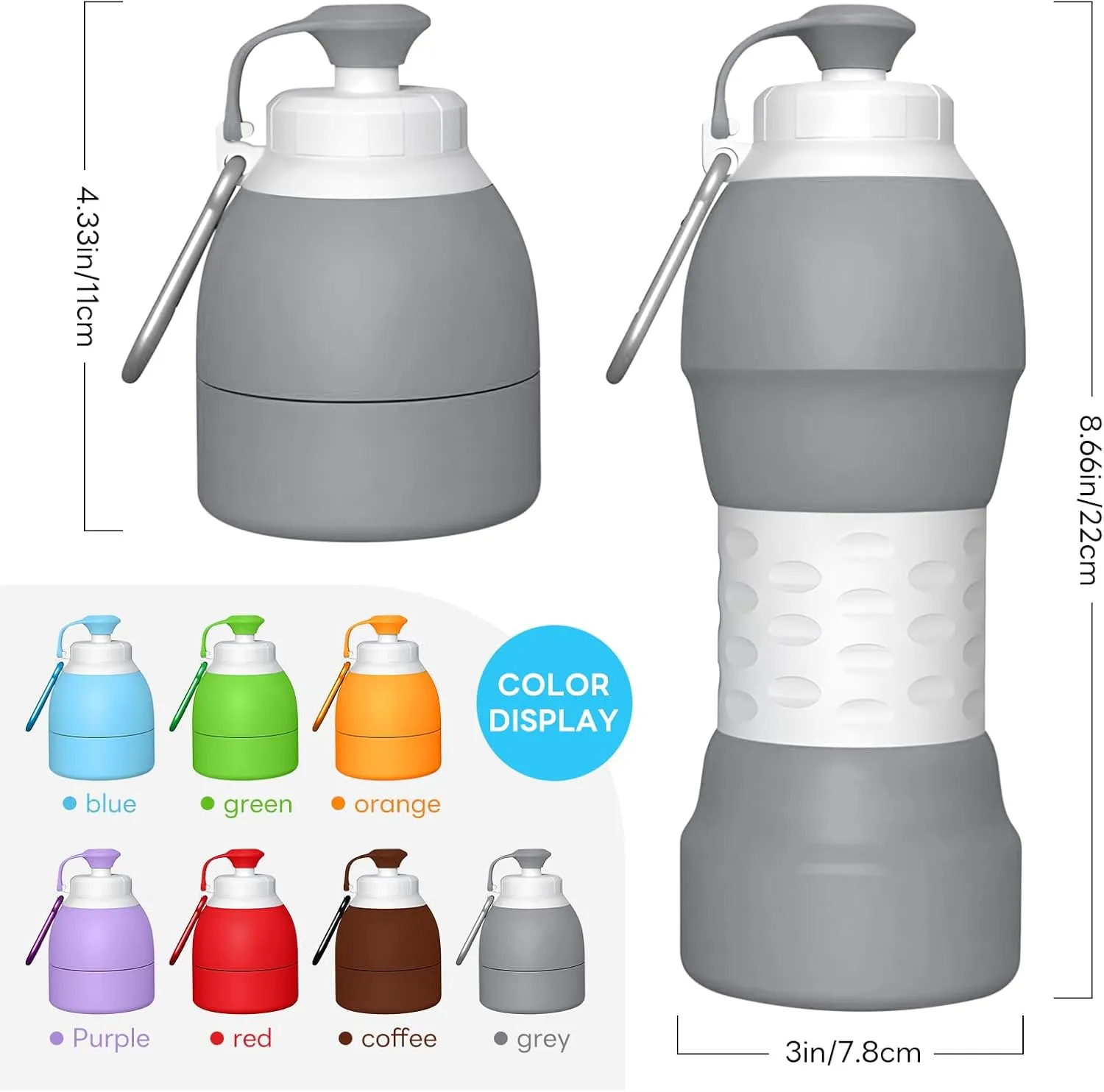 Collapsible Lightweight 20oz Water Bottle, Food-Grade Silicone BPA Free, Foldable Portable Leak Proof Office Travel Cycling Sports Outdoor Water Bottle with Vertical Hook (grey, Short nozzle)