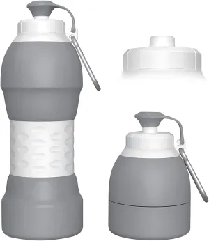 Collapsible Lightweight 20oz Water Bottle, Food-Grade Silicone BPA Free, Foldable Portable Leak Proof Office Travel Cycling Sports Outdoor Water Bottle with Vertical Hook (grey, Short nozzle)