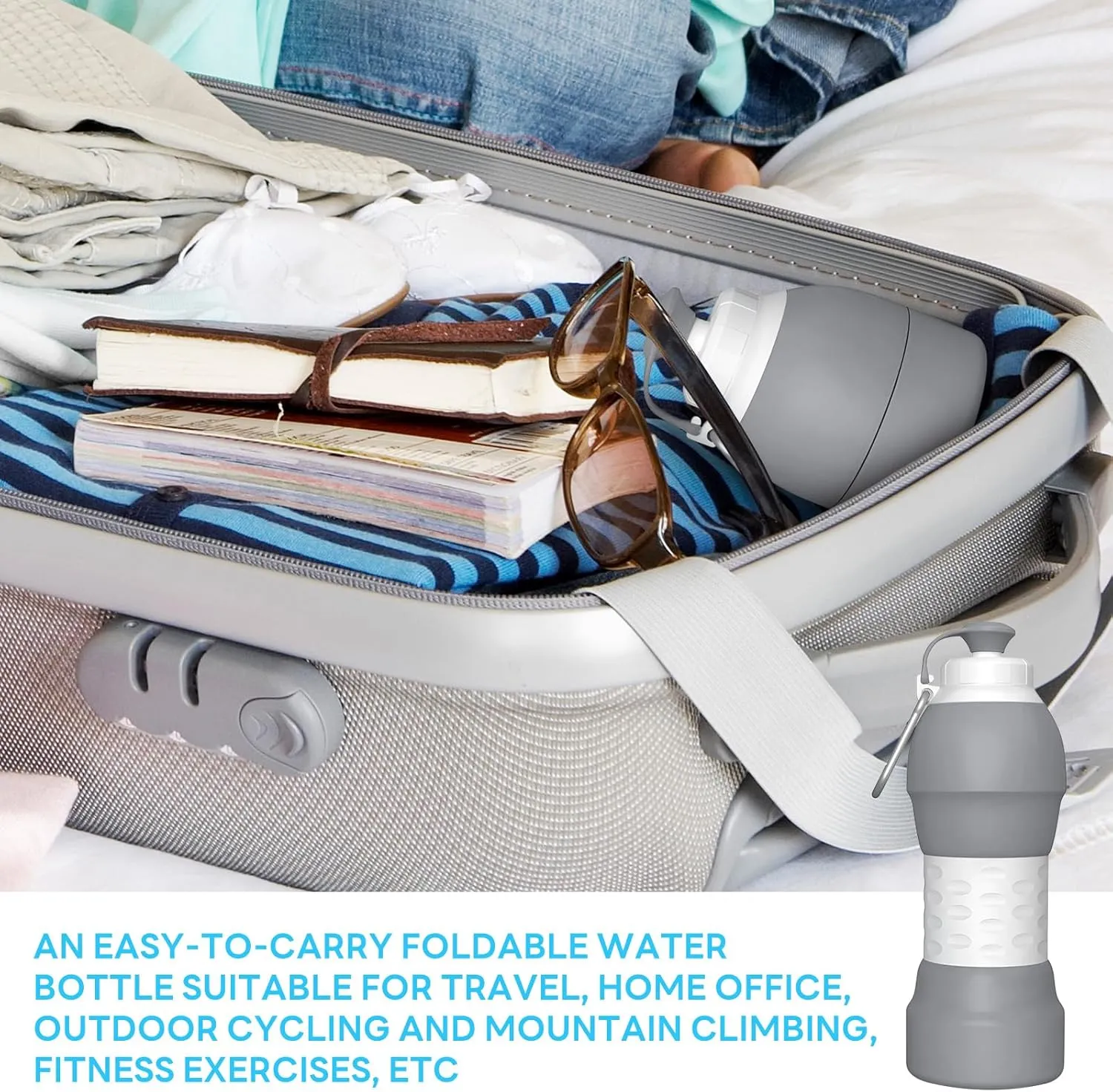 Collapsible Lightweight 20oz Water Bottle, Food-Grade Silicone BPA Free, Foldable Portable Leak Proof Office Travel Cycling Sports Outdoor Water Bottle with Vertical Hook (grey, Short nozzle)