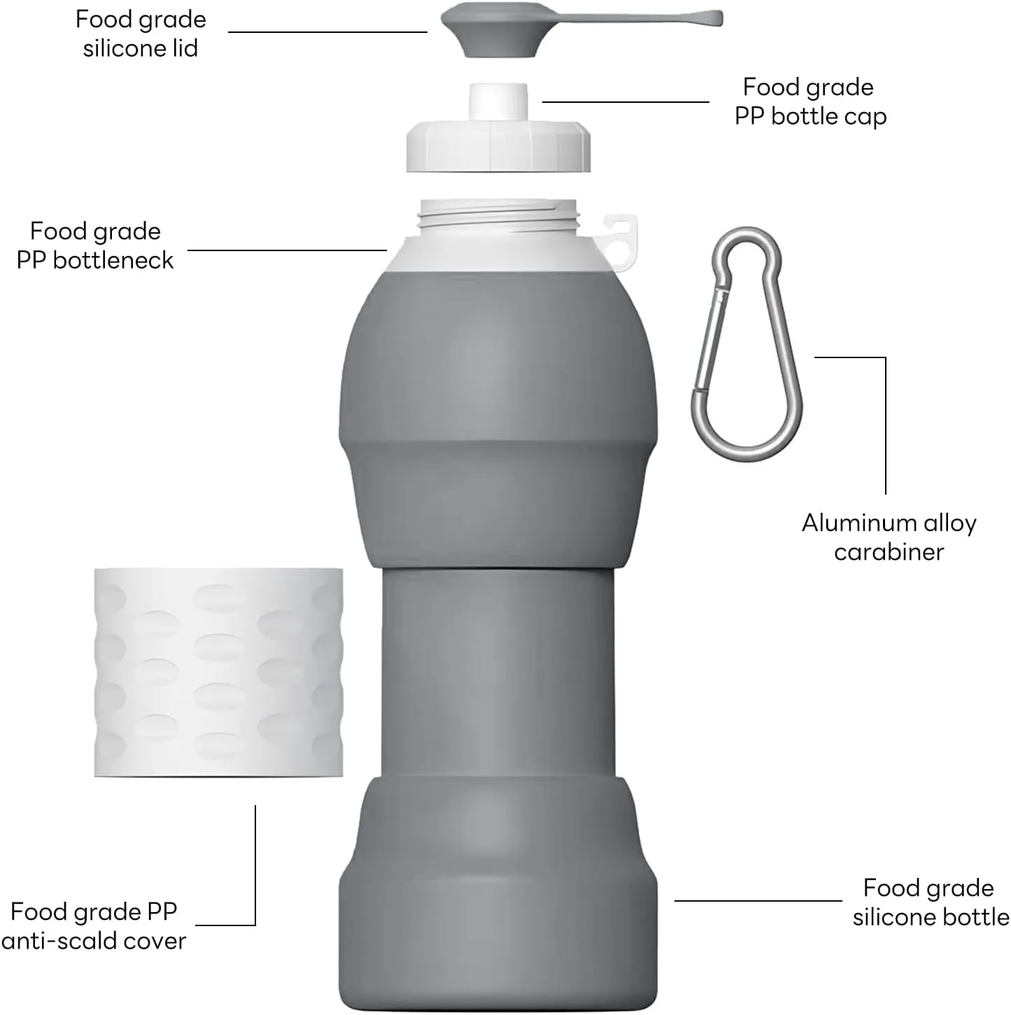 Collapsible Lightweight 20oz Water Bottle, Food-Grade Silicone BPA Free, Foldable Portable Leak Proof Office Travel Cycling Sports Outdoor Water Bottle with Vertical Hook (grey, Short nozzle)